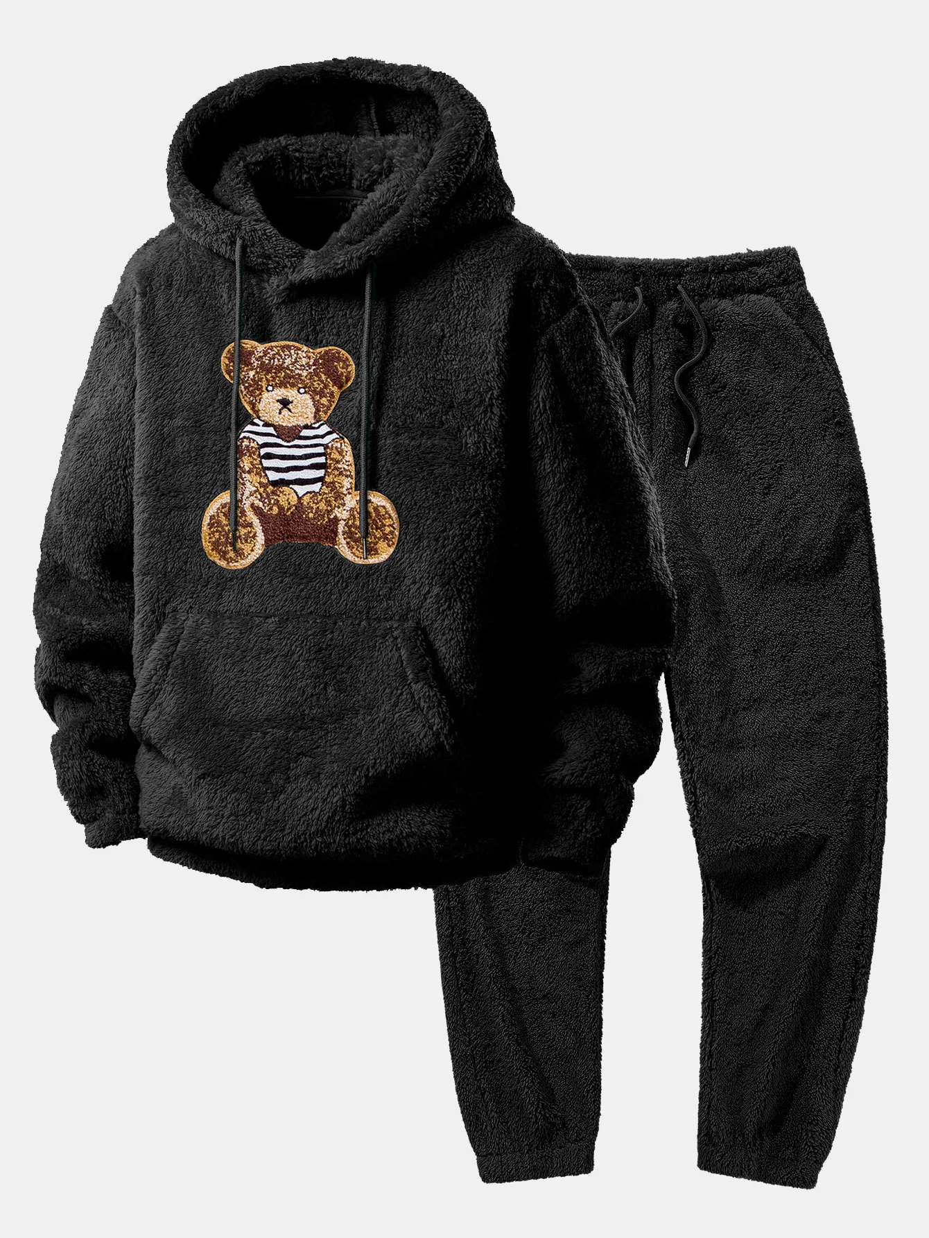 Bear Embroidered Patch Teddy Hoodie & Teddy Jogger Pants - Image 3