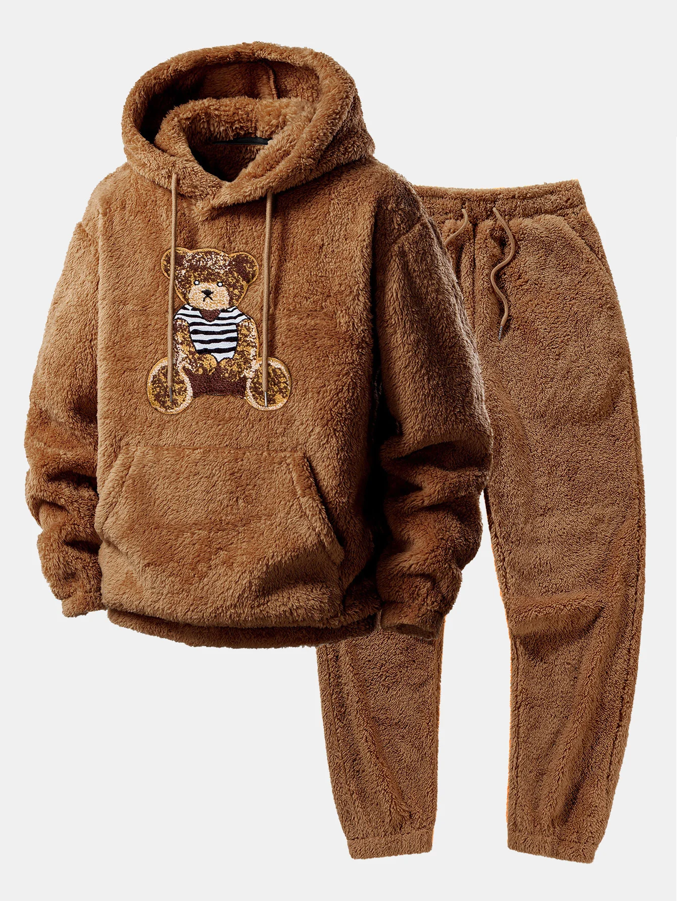 Bear Embroidered Patch Teddy Hoodie & Teddy Jogger Pants - Image 4