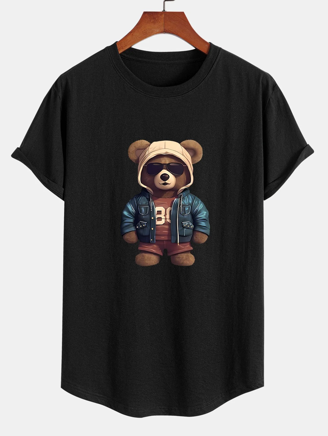 Bär In Lederjacke Druck Baumwolle Bogen Saum T-Shirt