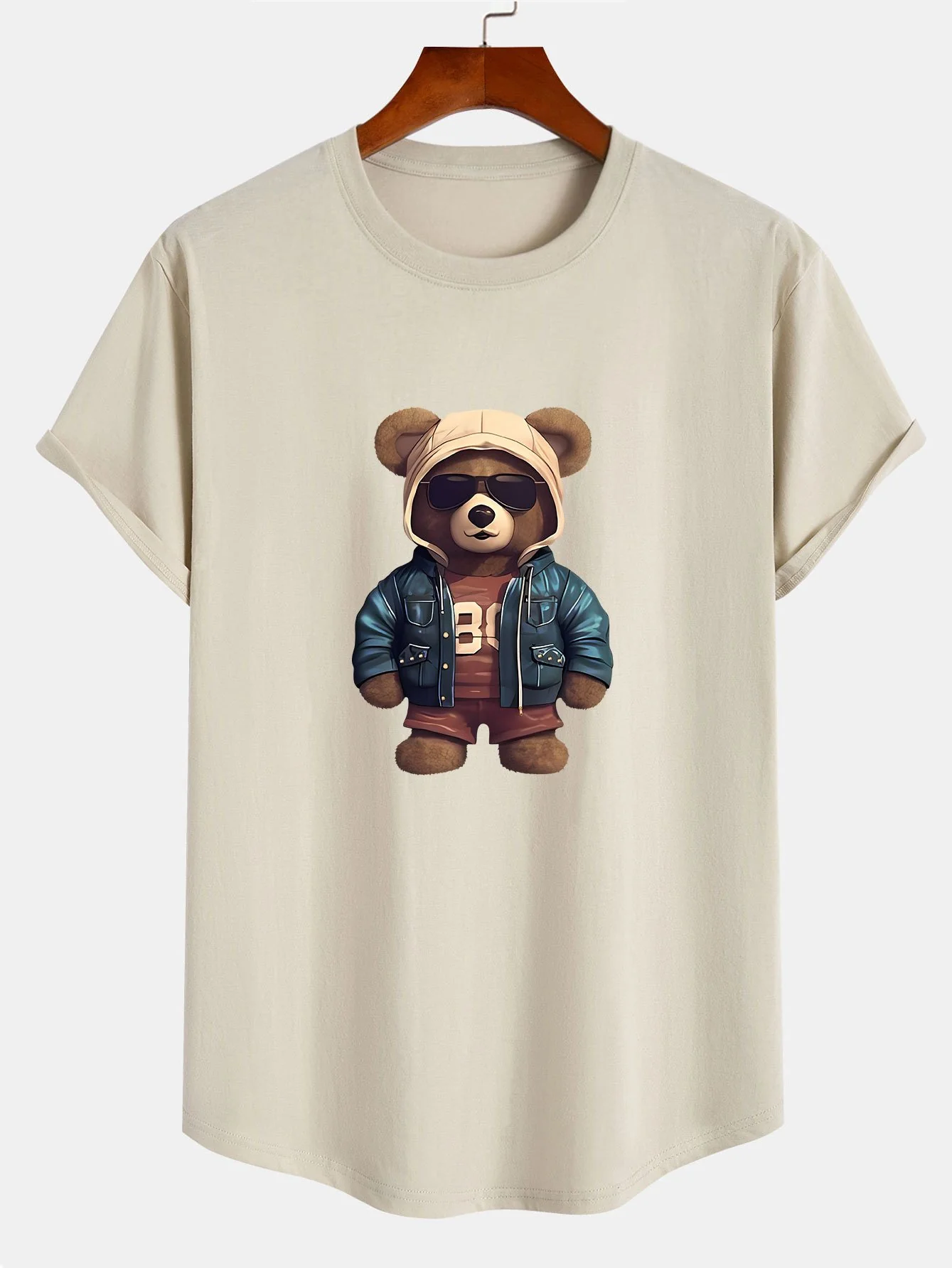 Bär In Lederjacke Druck Baumwolle Bogen Saum T-Shirt - Image 2