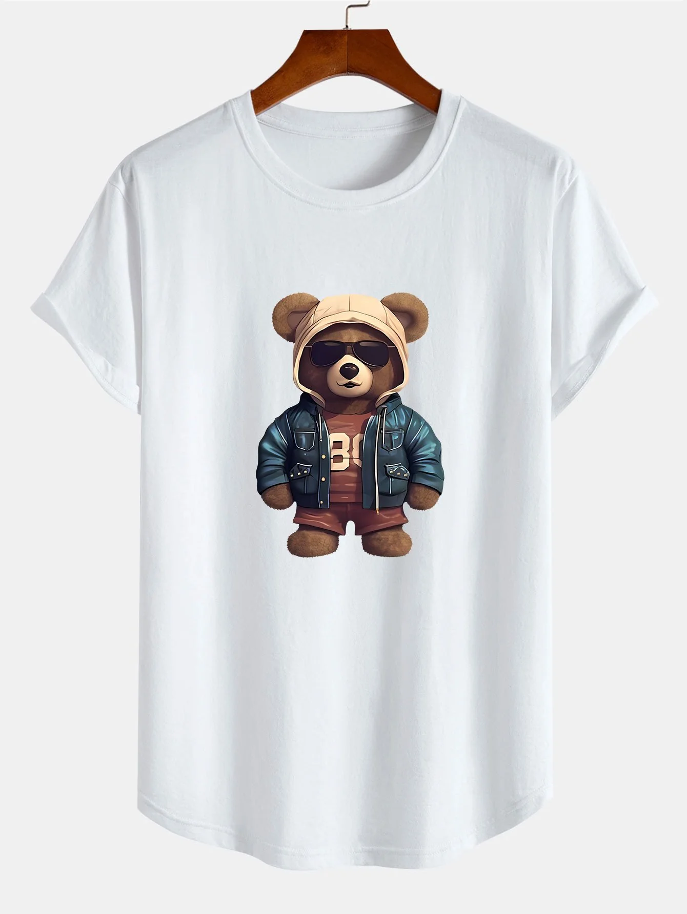 Bär In Lederjacke Druck Baumwolle Bogen Saum T-Shirt - Image 3