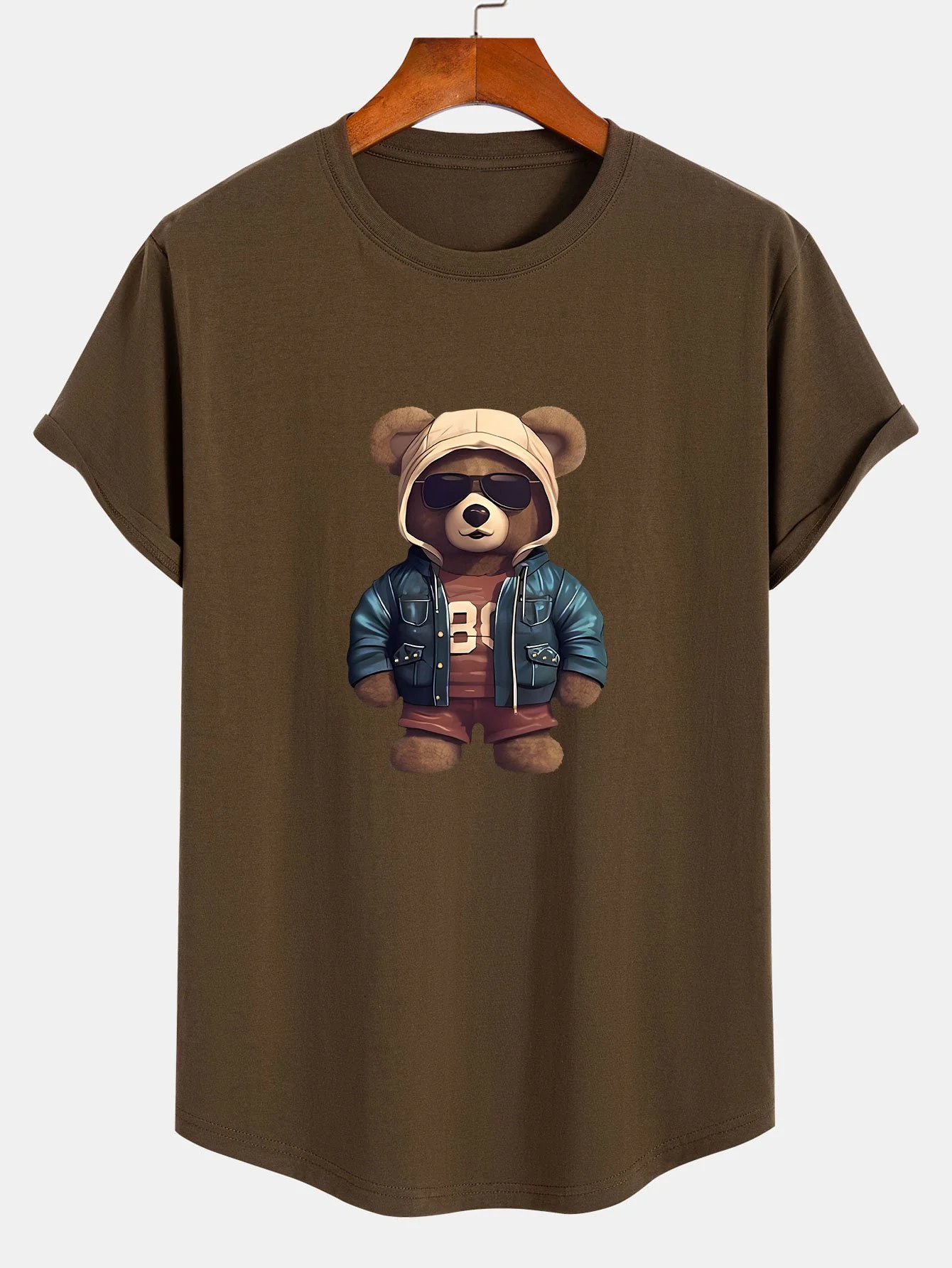 Bär In Lederjacke Druck Baumwolle Bogen Saum T-Shirt - Image 4