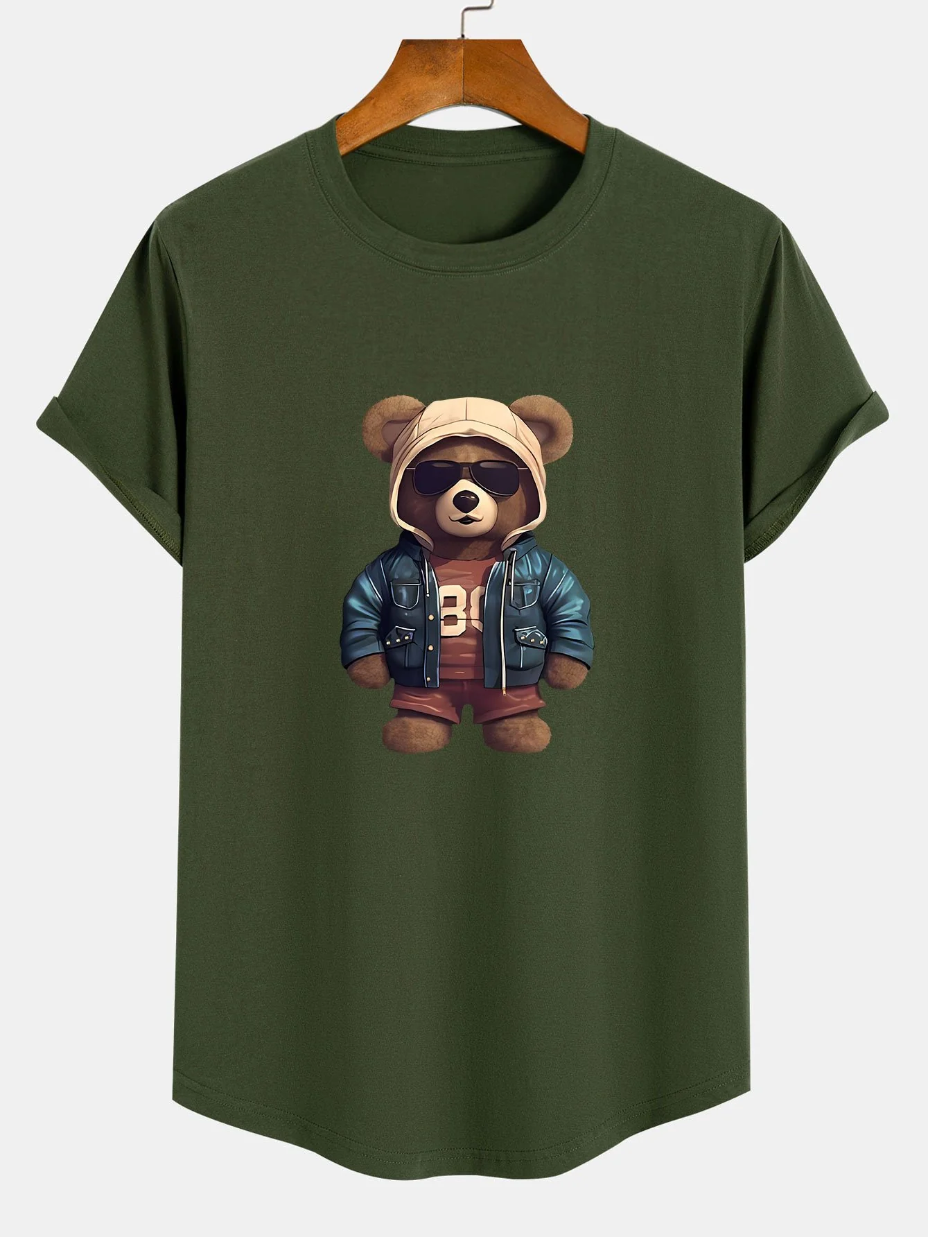 Bär In Lederjacke Druck Baumwolle Bogen Saum T-Shirt - Image 5