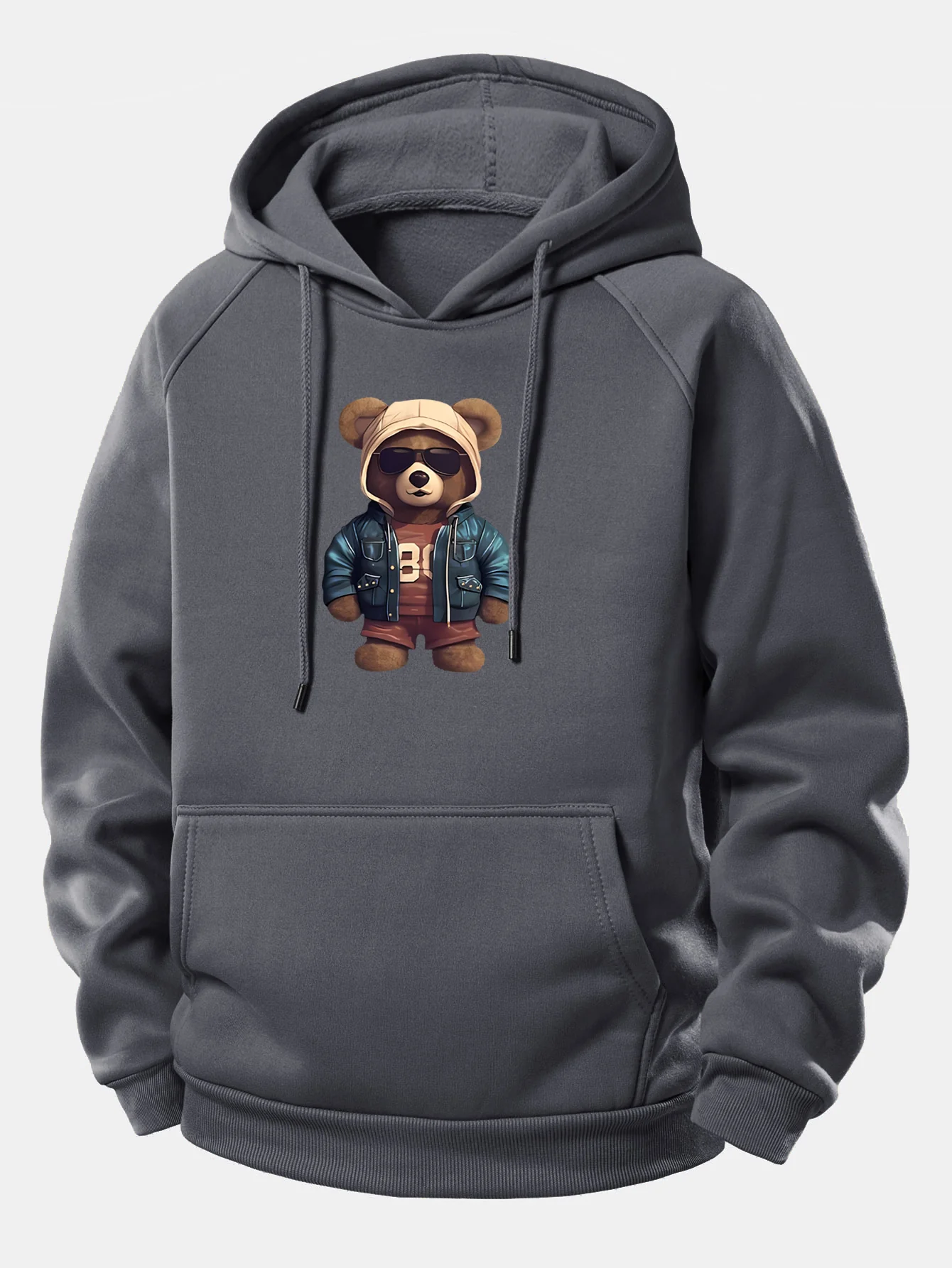 Bear In Leather Jacket Print Drawstring Hoodie - Image 10