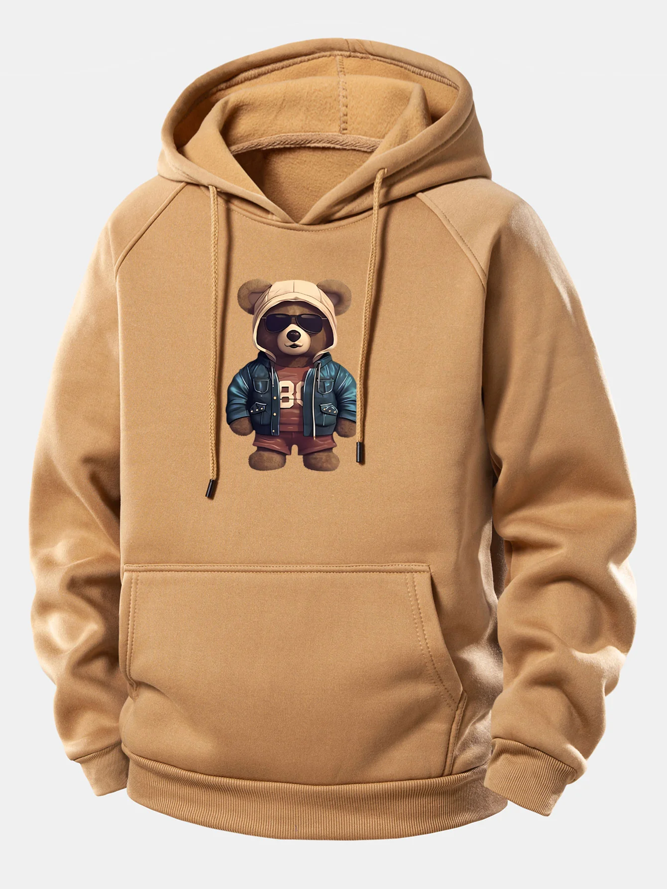 Bear In Leather Jacket Print Drawstring Hoodie - Image 11