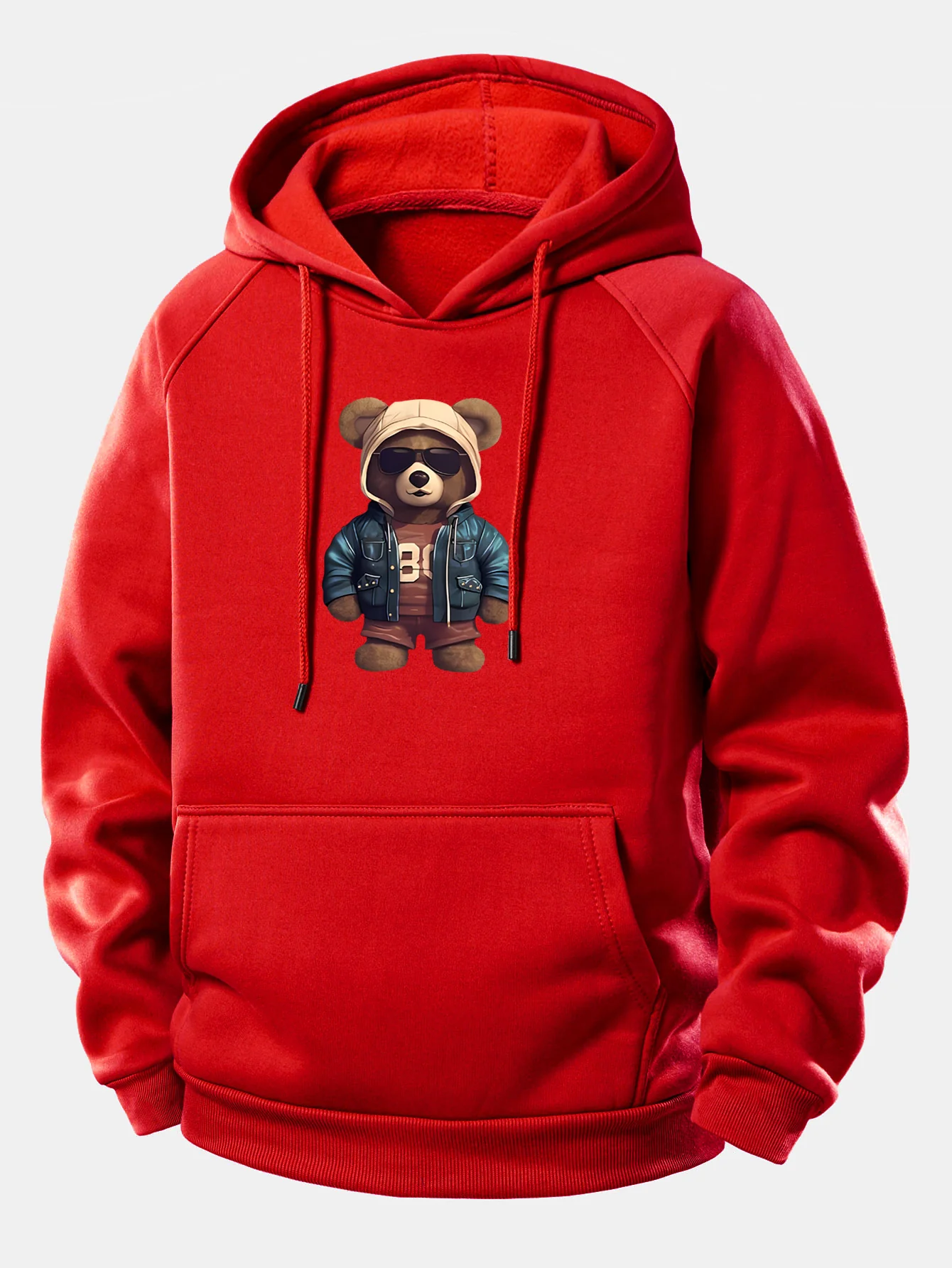 Bear In Leather Jacket Print Drawstring Hoodie - Image 13