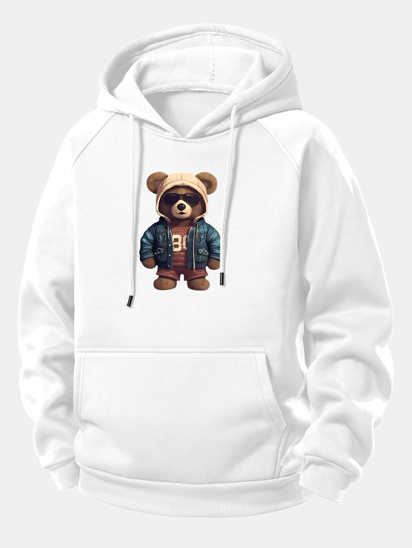 Bear In Leather Jacket Print Drawstring Hoodie - Image 3