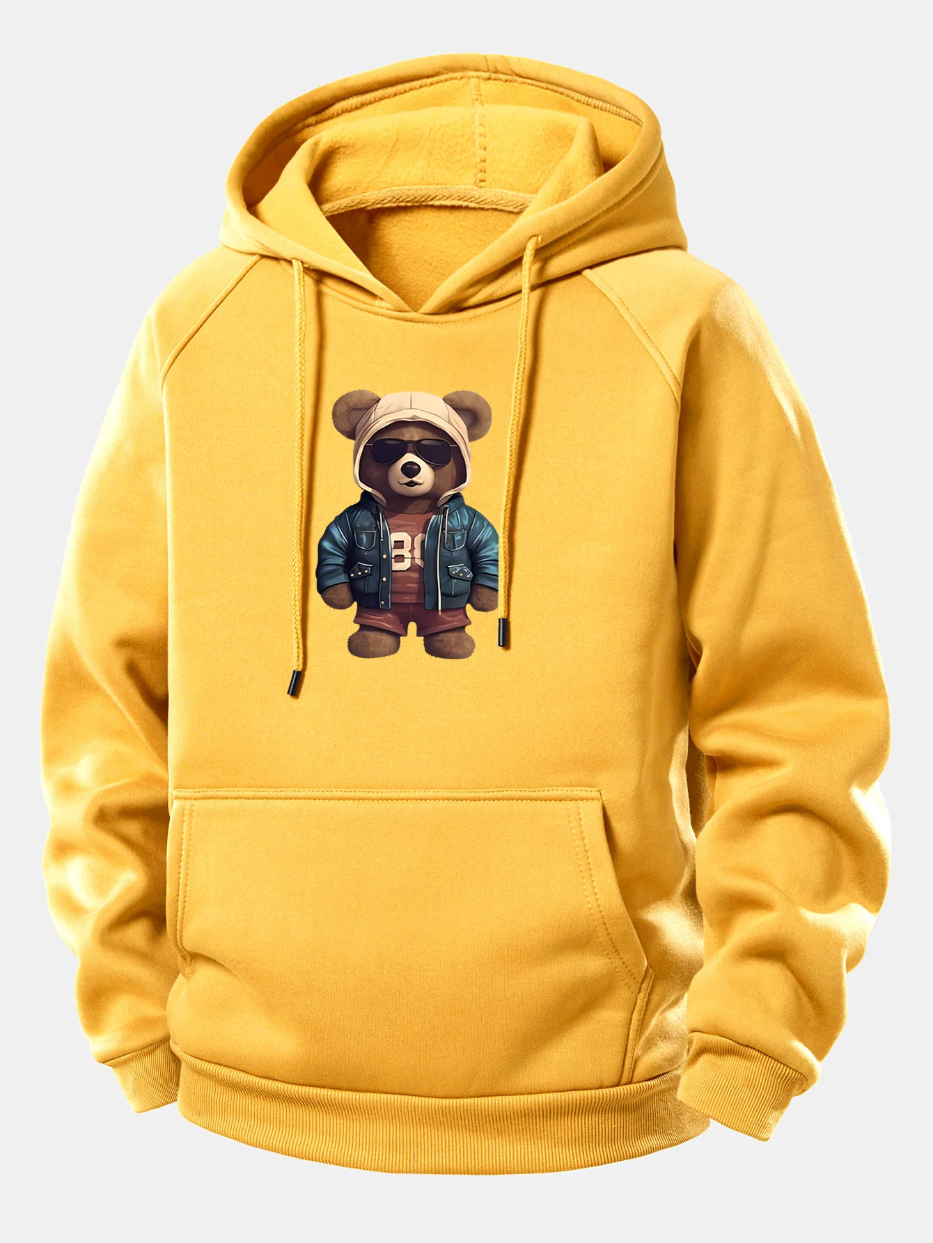 Bear In Leather Jacket Print Drawstring Hoodie - Image 5