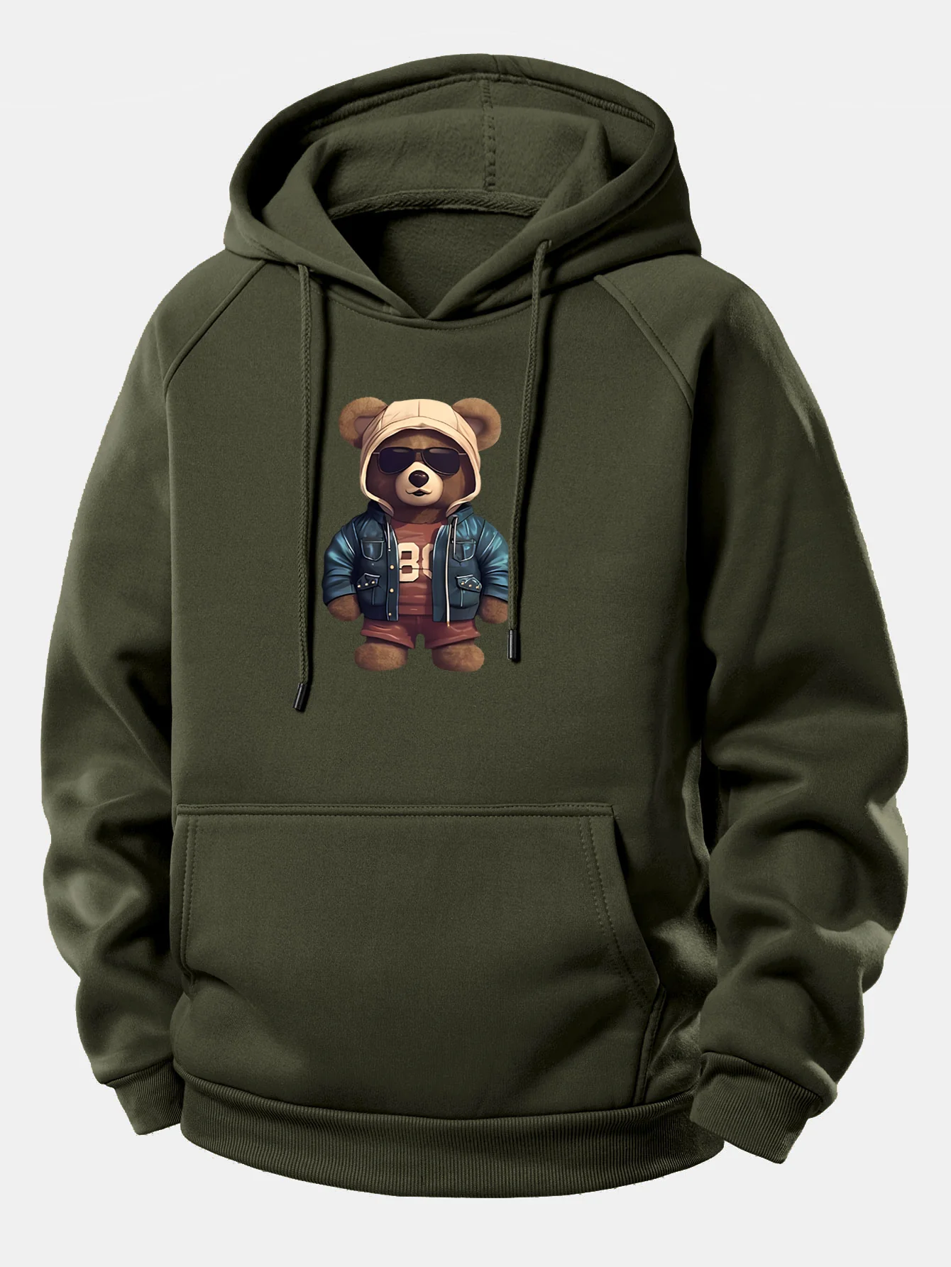 Bear In Leather Jacket Print Drawstring Hoodie - Image 9