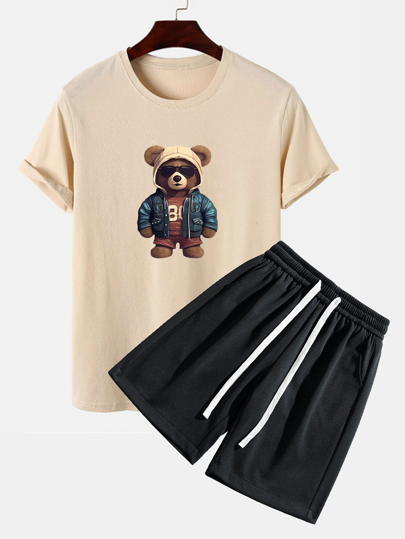 Bär In Lederjacke Druck T-Shirt & Strukturierte Shorts - Image 2