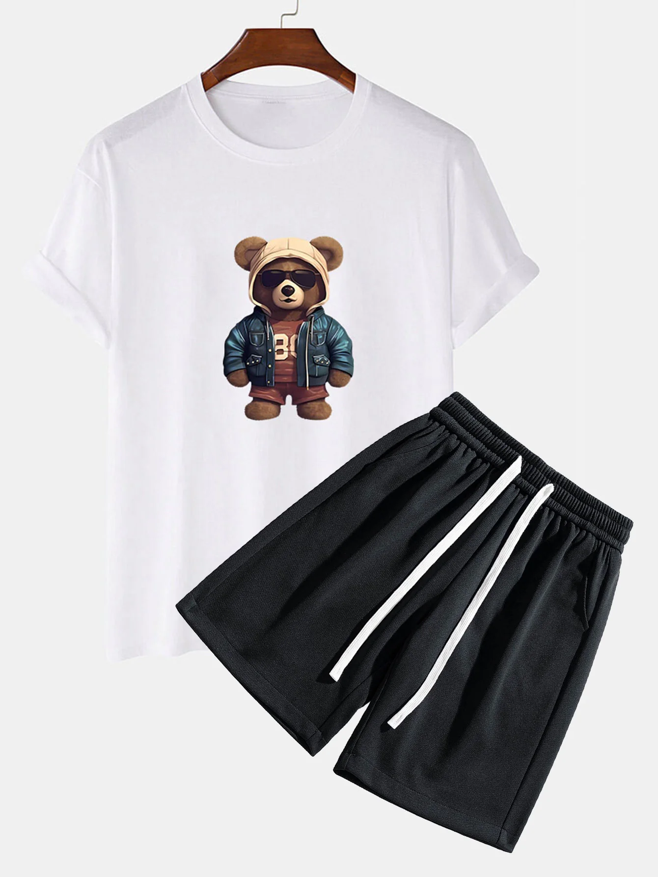 Bär In Lederjacke Druck T-Shirt & Strukturierte Shorts - Image 3