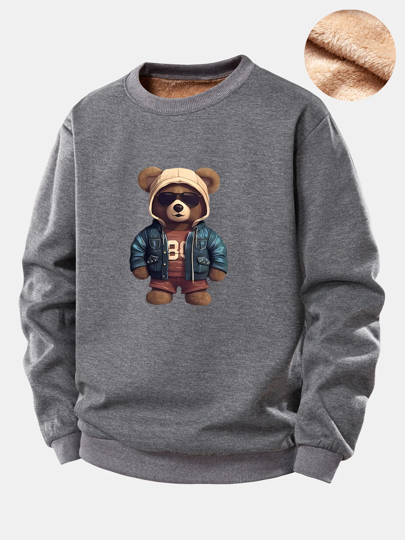 Bär im Lederjacken-Druck Teddy-Fleece-gefüttertes Sweatshirt - Image 2