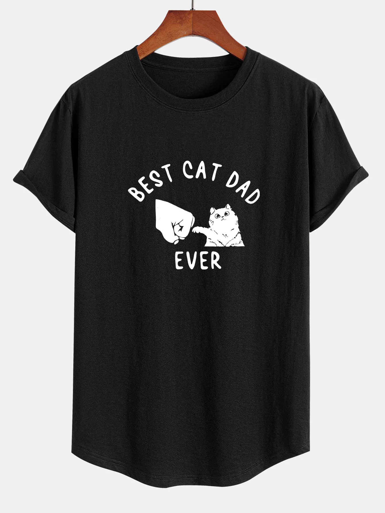 Best Cat Dad Ever Print Baumwolle Arc Saum T-Shirt