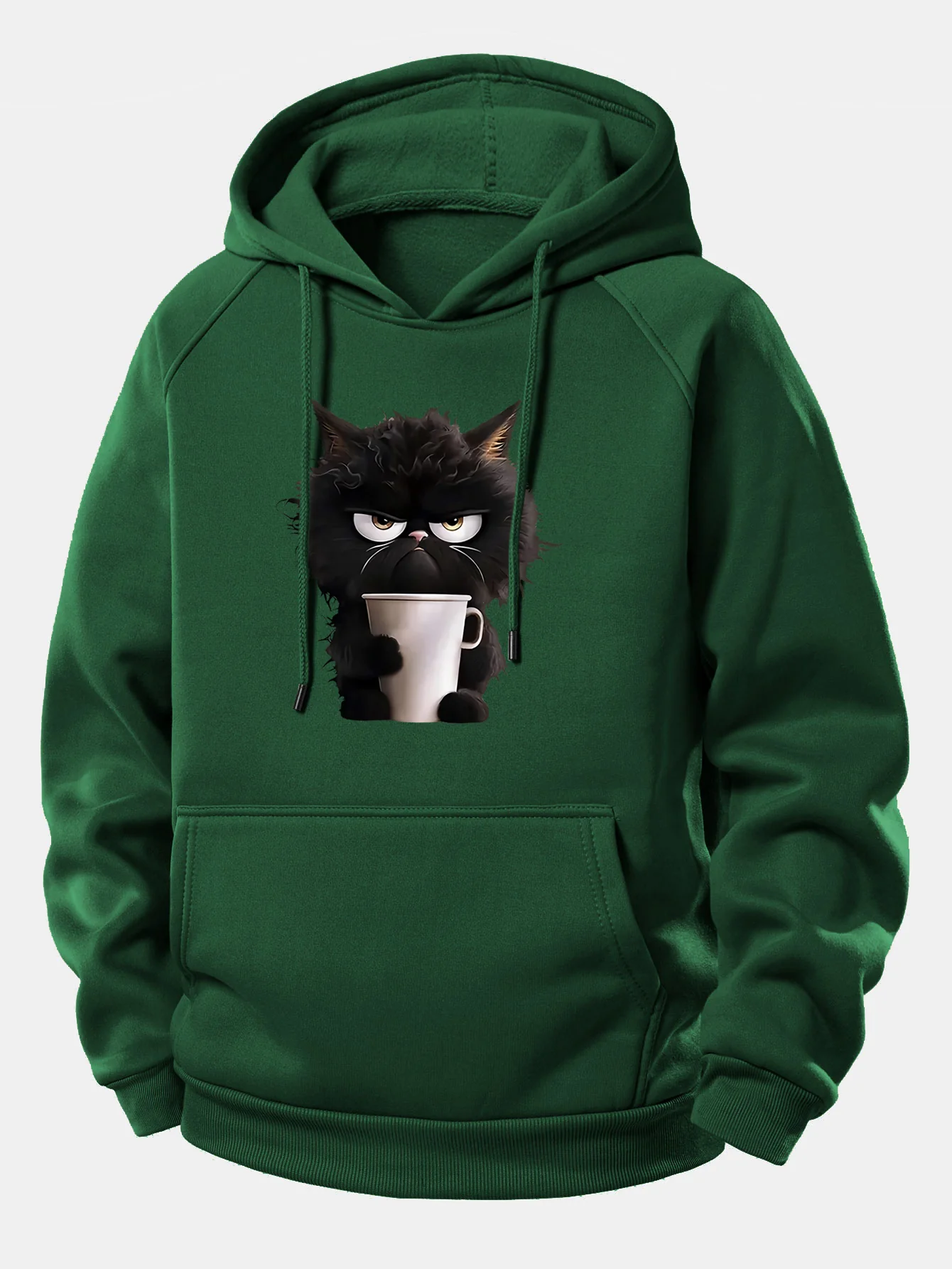 Black Cat Drinking Coffee Print Drawstring Hoodie - Image 10