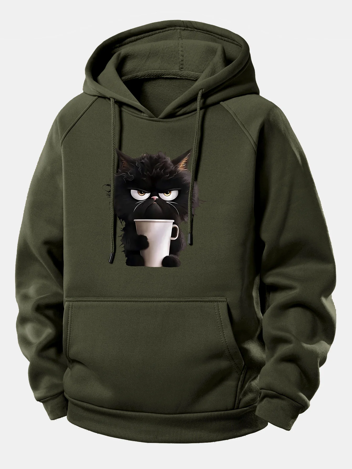 Black Cat Drinking Coffee Print Drawstring Hoodie - Image 11