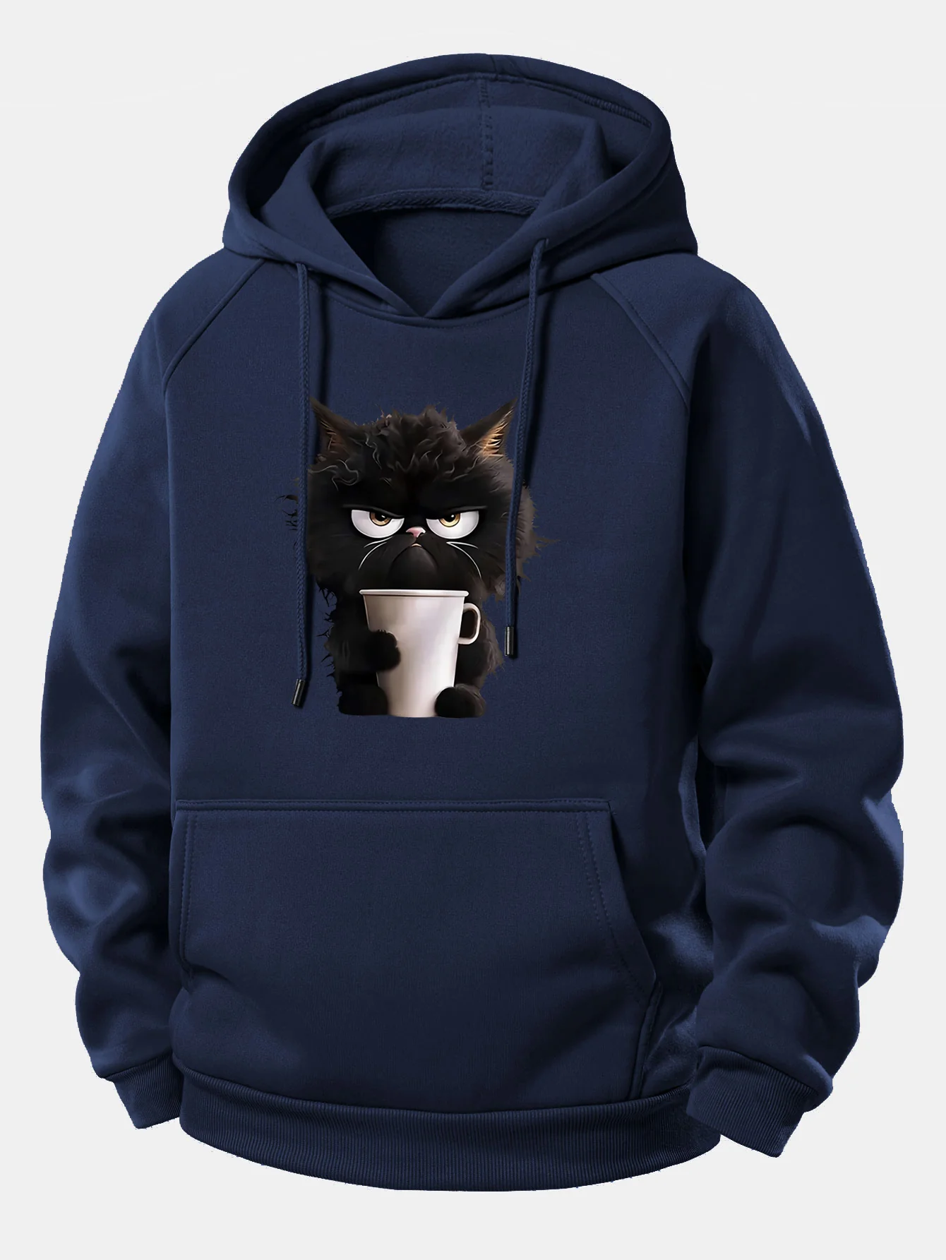 Black Cat Drinking Coffee Print Drawstring Hoodie - Image 12