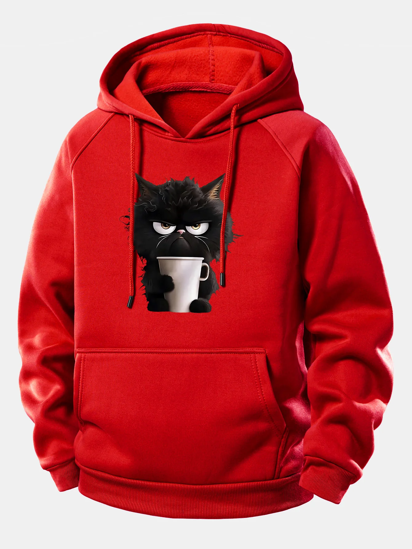 Black Cat Drinking Coffee Print Drawstring Hoodie - Image 13