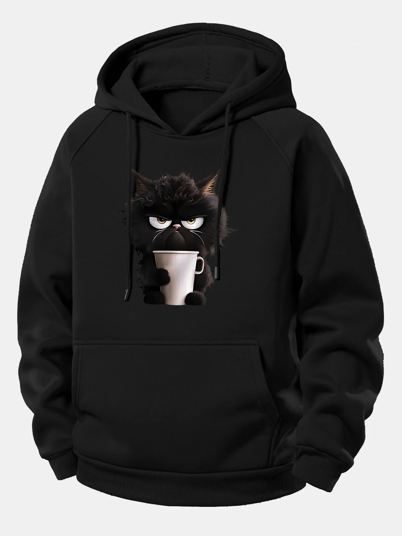 Black Cat Drinking Coffee Print Drawstring Hoodie - Image 2