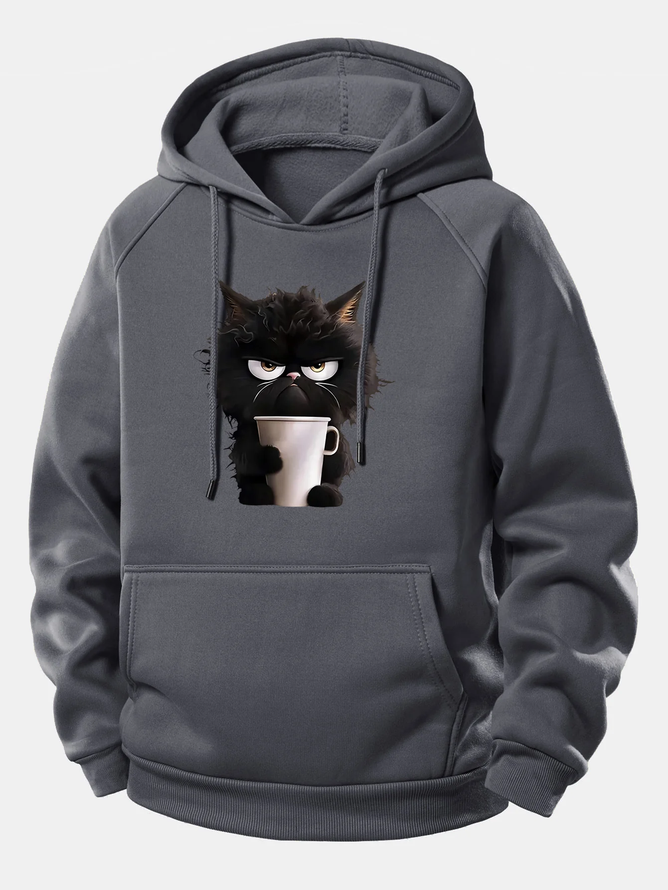 Black Cat Drinking Coffee Print Drawstring Hoodie - Image 3
