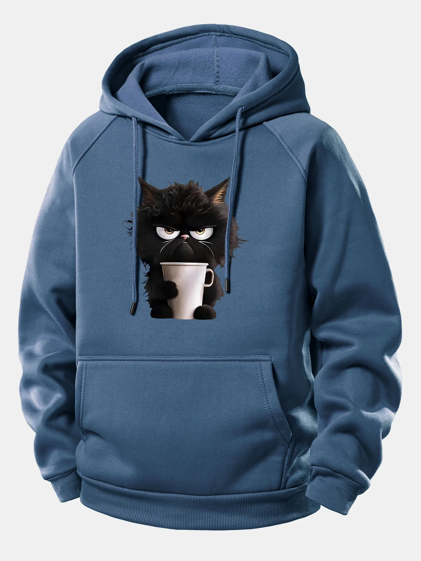 Black Cat Drinking Coffee Print Drawstring Hoodie - Image 4