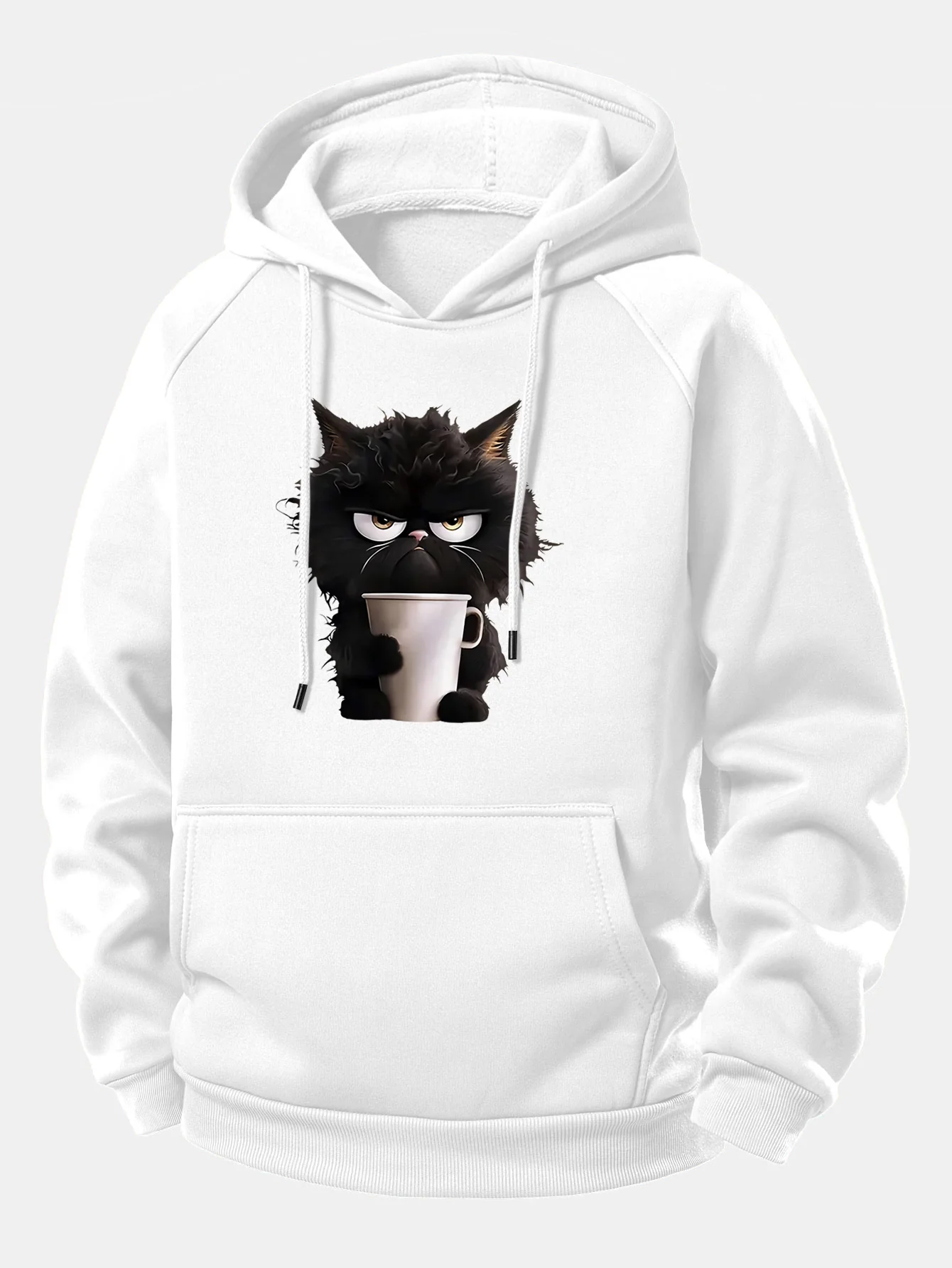 Black Cat Drinking Coffee Print Drawstring Hoodie - Image 5