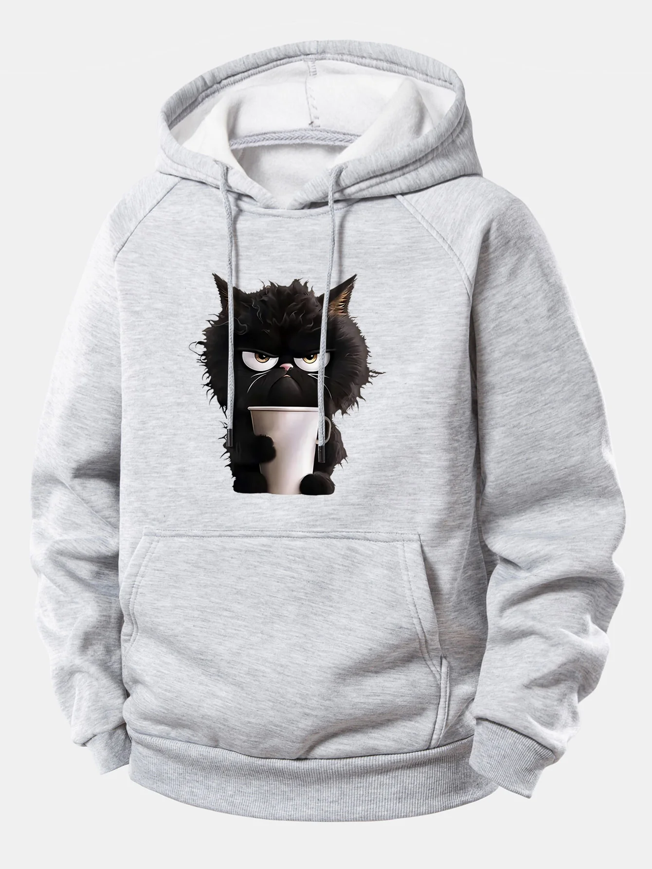 Black Cat Drinking Coffee Print Drawstring Hoodie - Image 6