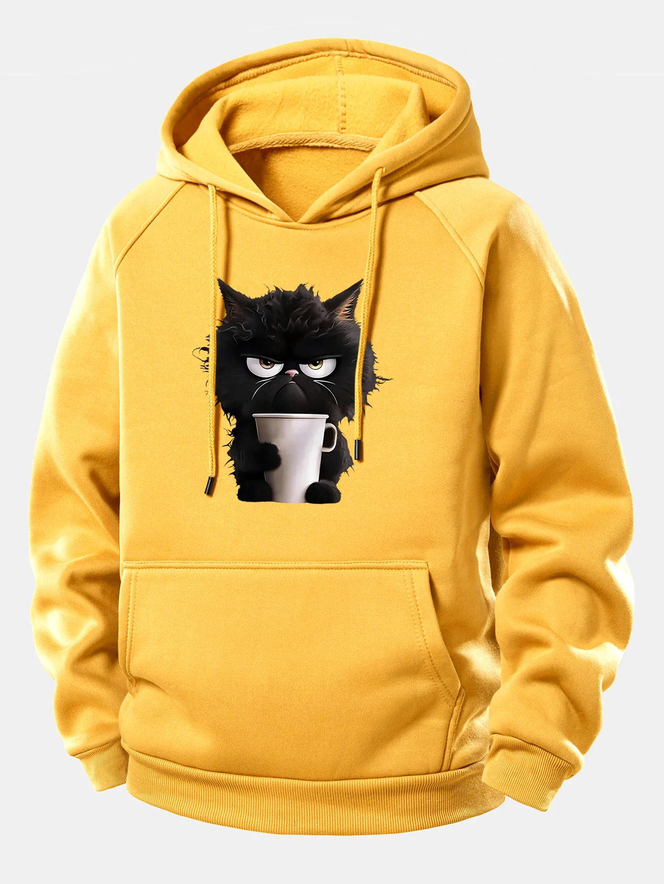 Black Cat Drinking Coffee Print Drawstring Hoodie - Image 7