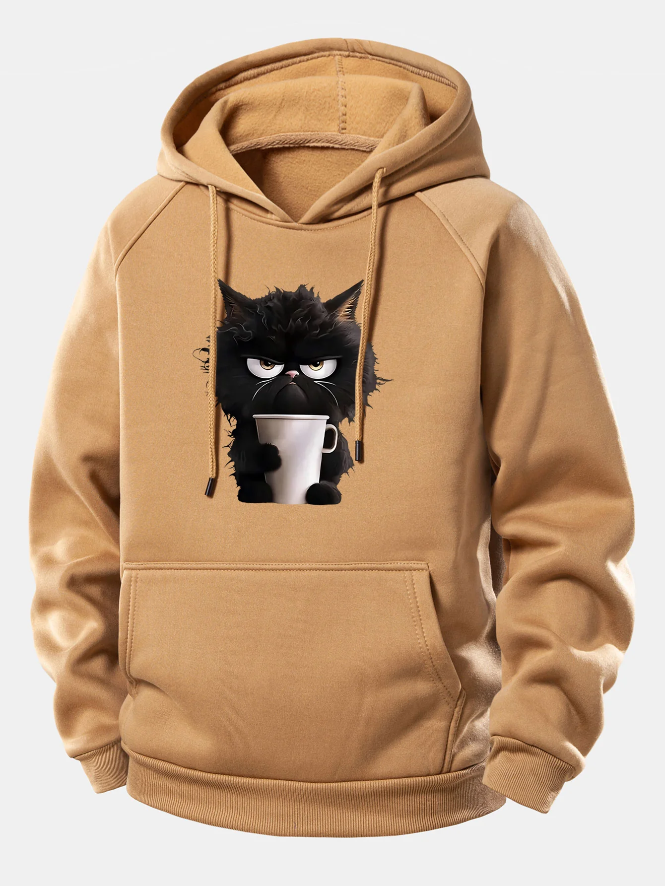 Black Cat Drinking Coffee Print Drawstring Hoodie - Image 8