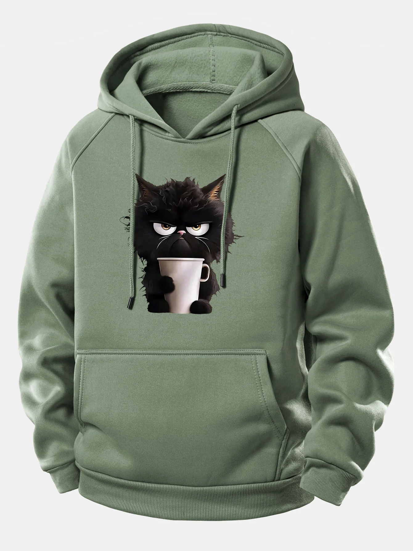 Black Cat Drinking Coffee Print Drawstring Hoodie - Image 9