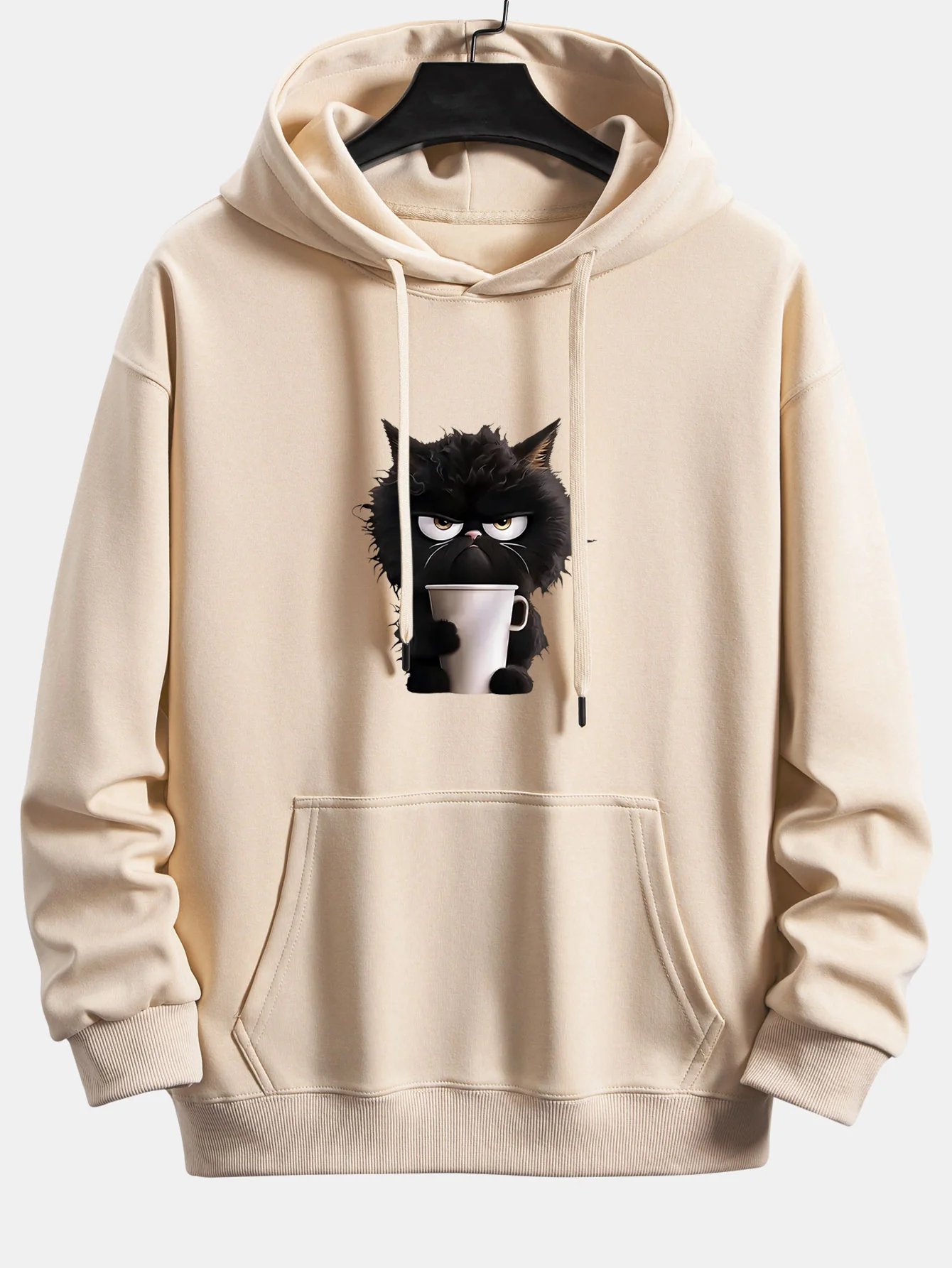 Black Cat Drinking Coffee Print Relax Fit Hoodie