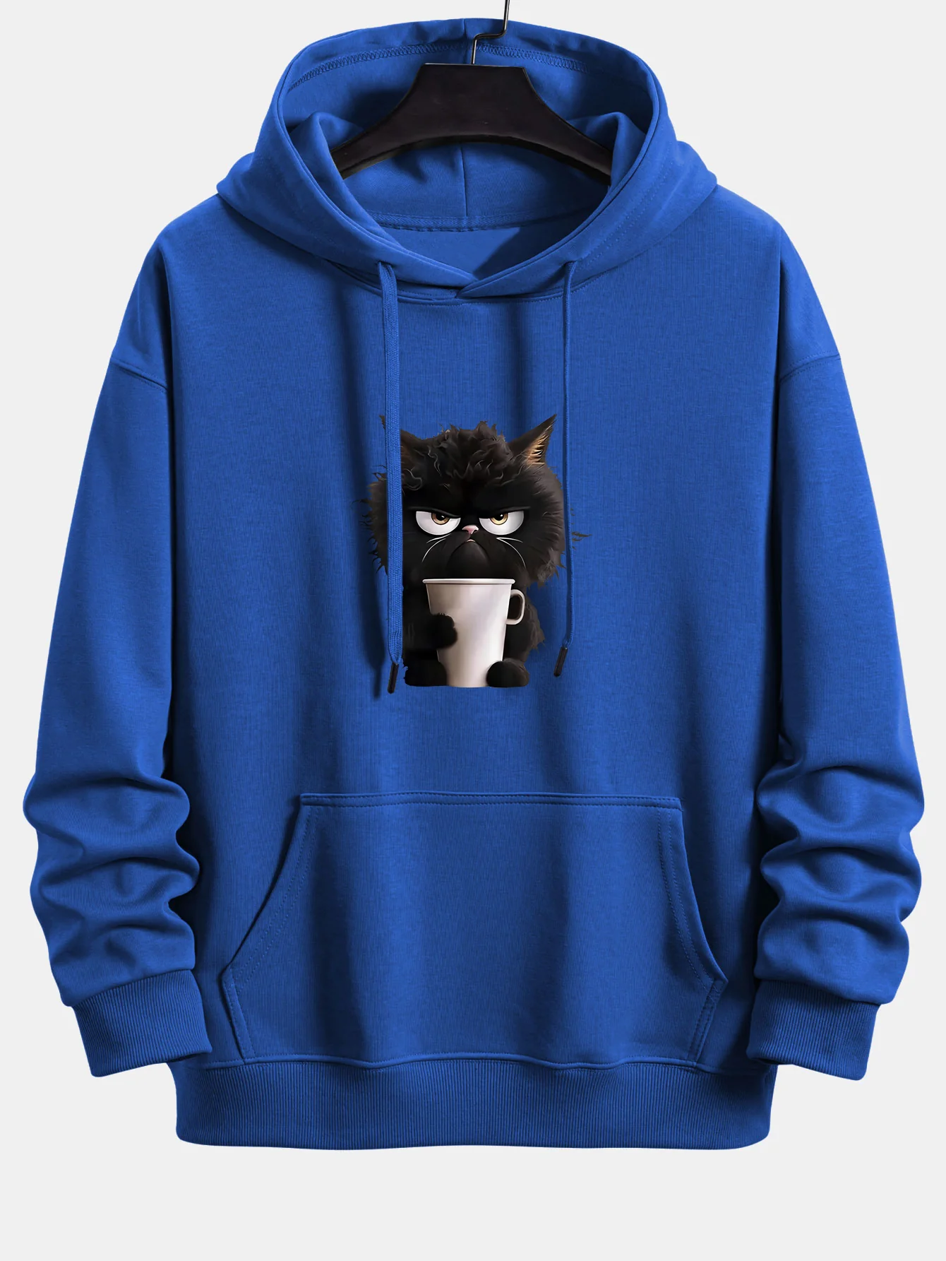 Black Cat Drinking Coffee Print Relax Fit Hoodie - Image 10