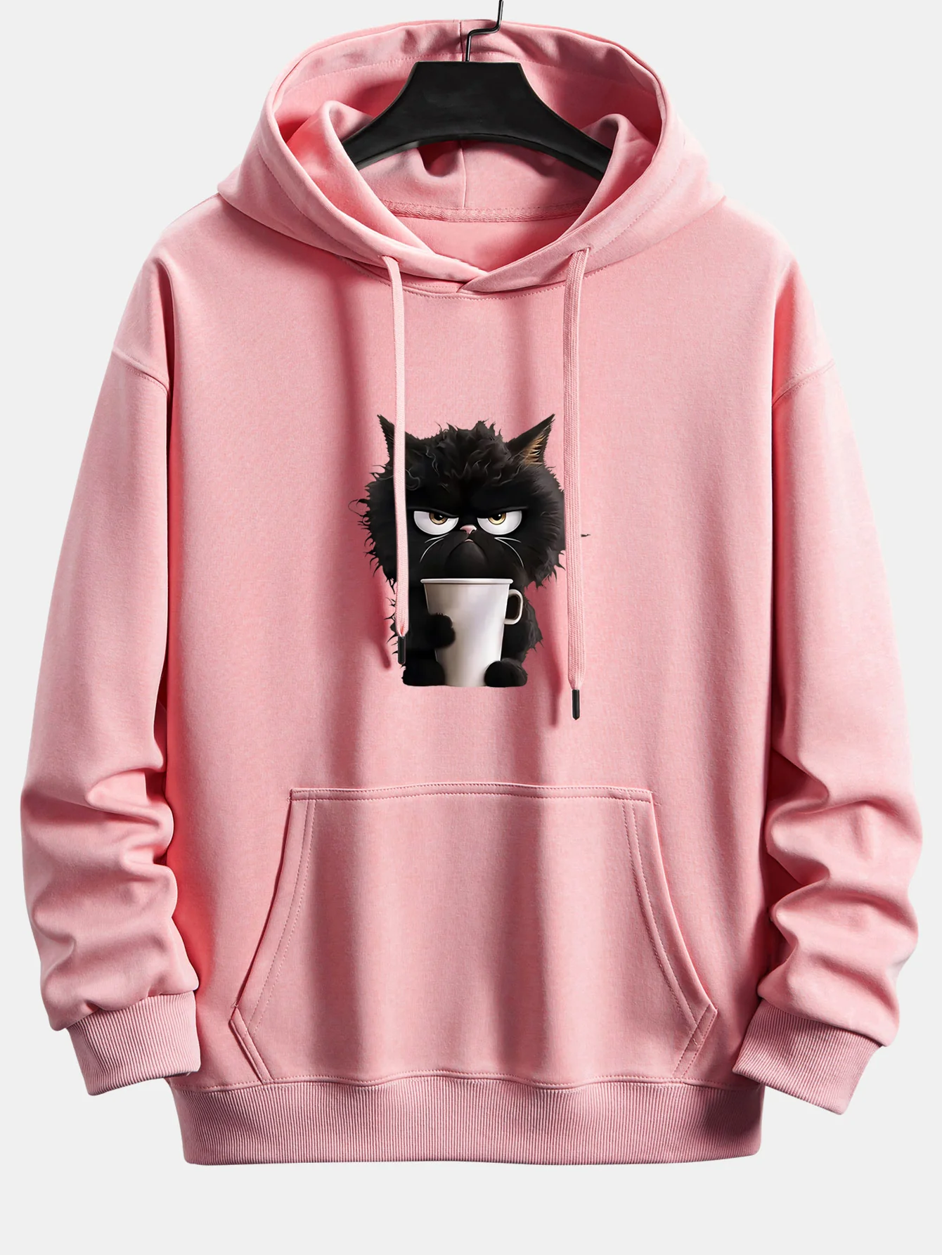 Black Cat Drinking Coffee Print Relax Fit Hoodie - Image 11
