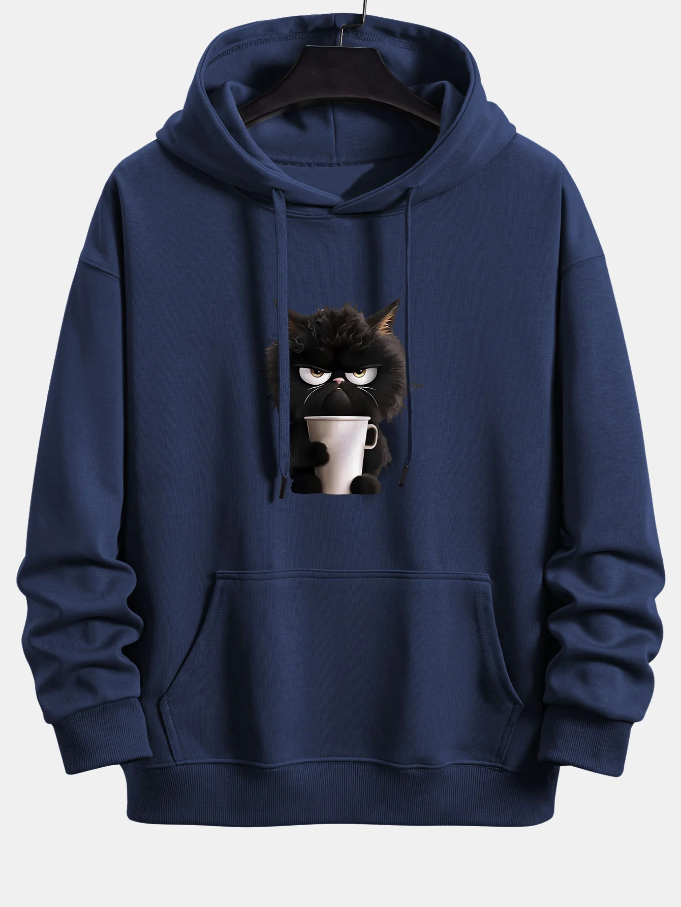 Black Cat Drinking Coffee Print Relax Fit Hoodie - Image 2