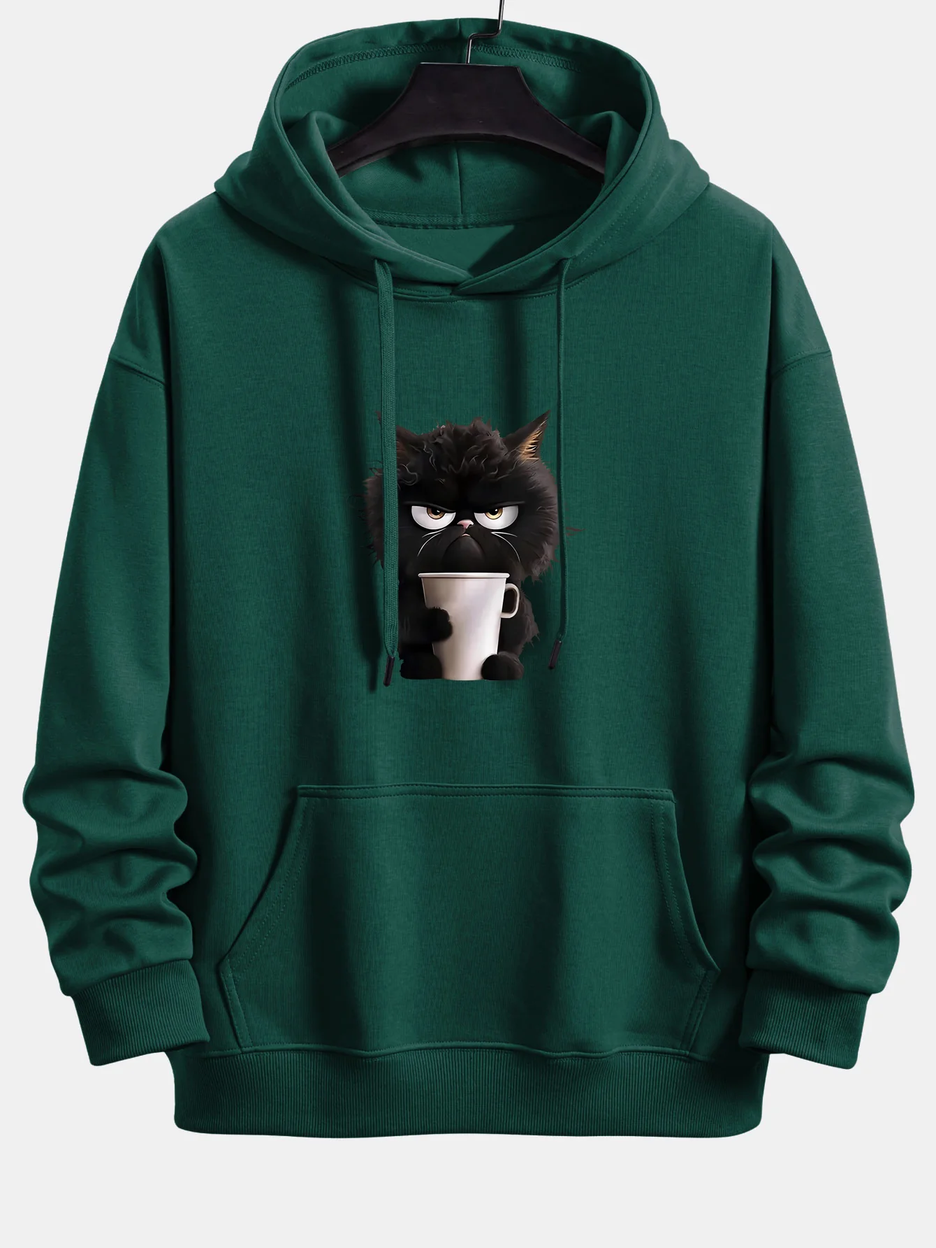 Black Cat Drinking Coffee Print Relax Fit Hoodie - Image 3
