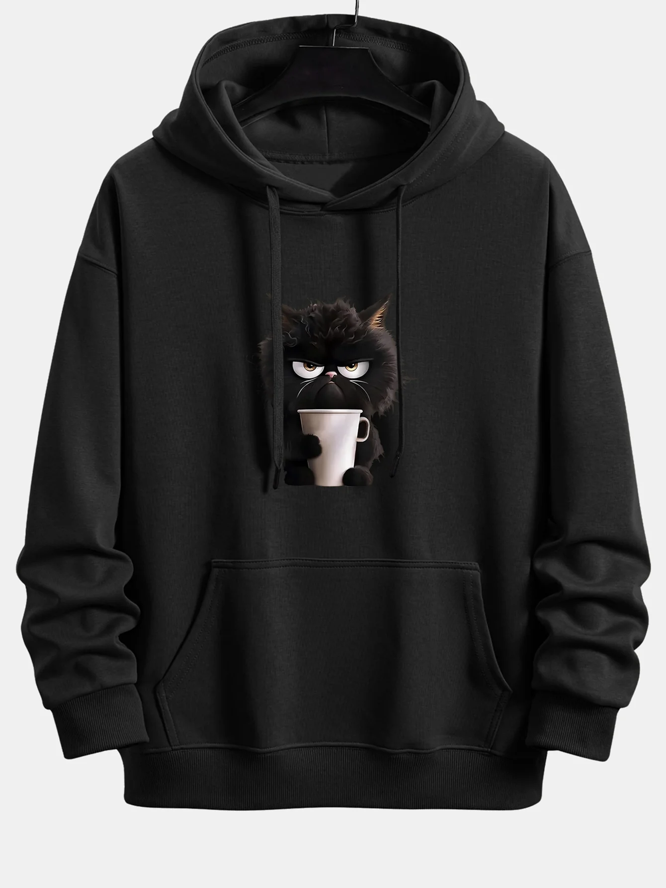 Black Cat Drinking Coffee Print Relax Fit Hoodie - Image 4