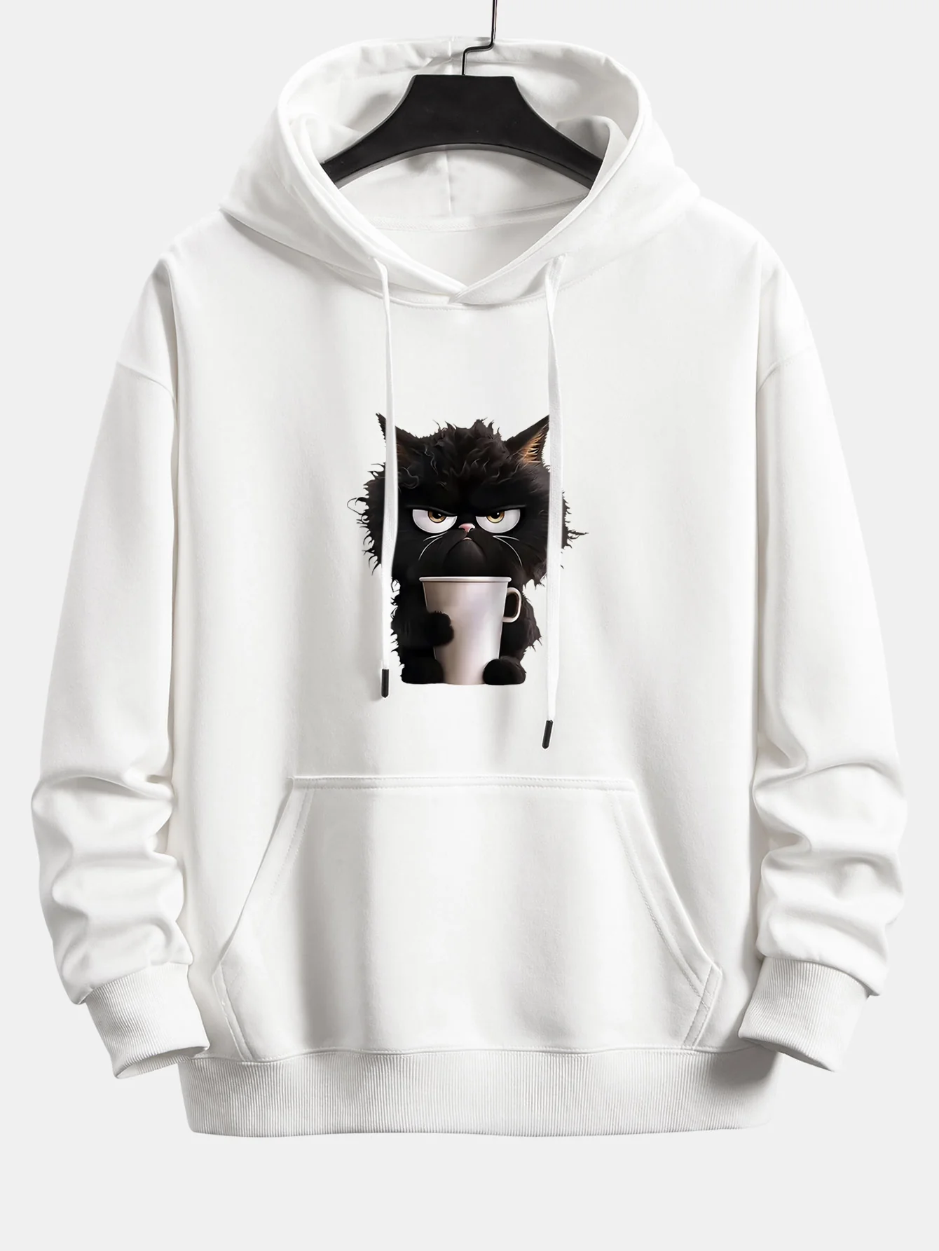 Black Cat Drinking Coffee Print Relax Fit Hoodie - Image 5