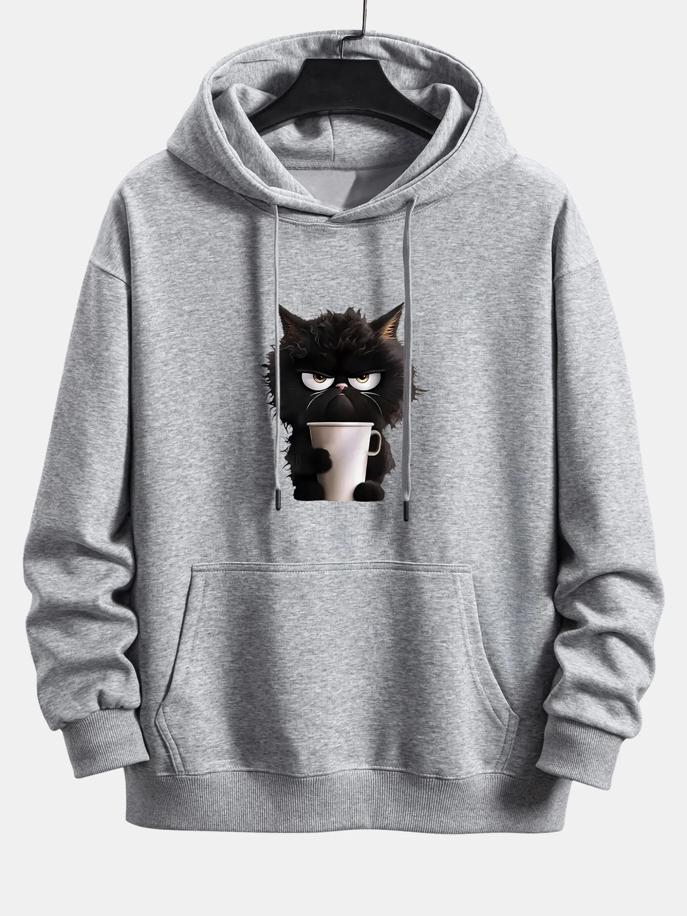 Black Cat Drinking Coffee Print Relax Fit Hoodie - Image 6