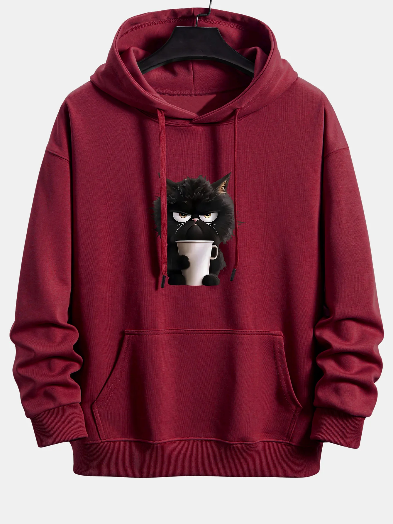 Black Cat Drinking Coffee Print Relax Fit Hoodie - Image 7