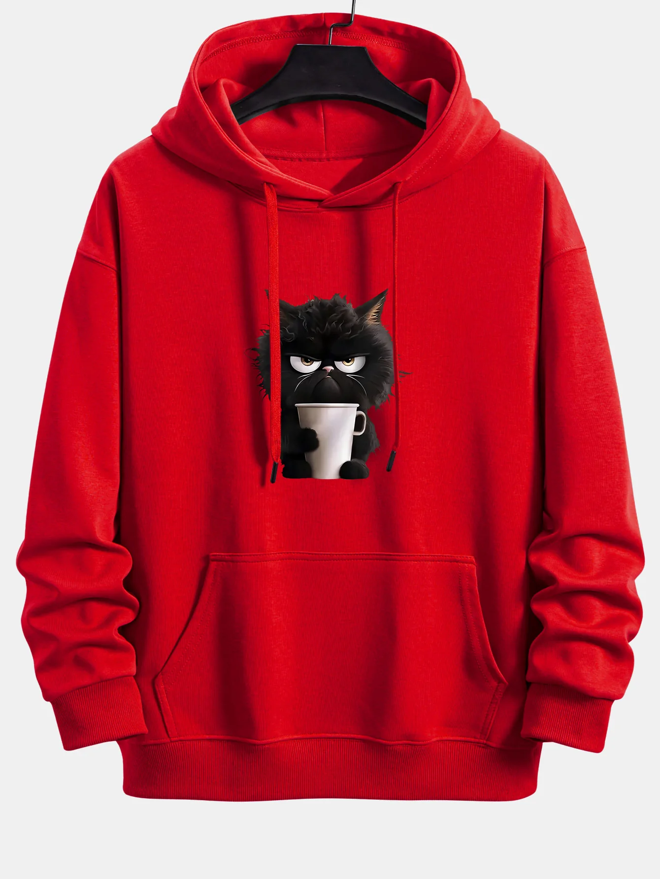 Black Cat Drinking Coffee Print Relax Fit Hoodie - Image 8