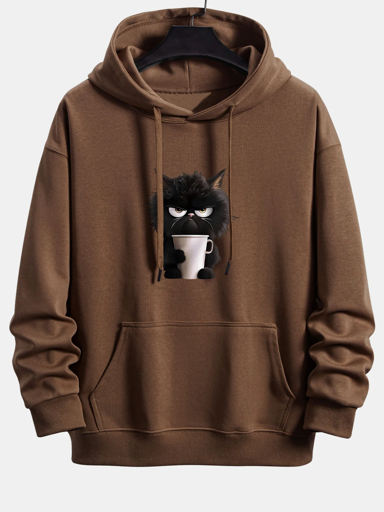 Black Cat Drinking Coffee Print Relax Fit Hoodie - Image 9