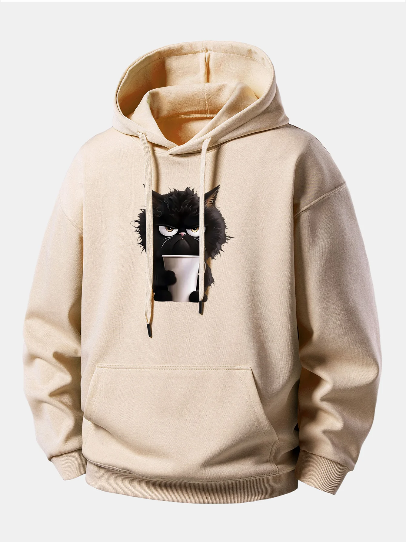 Black Cat Drinking Coffee Print Relax Fit Hoodie