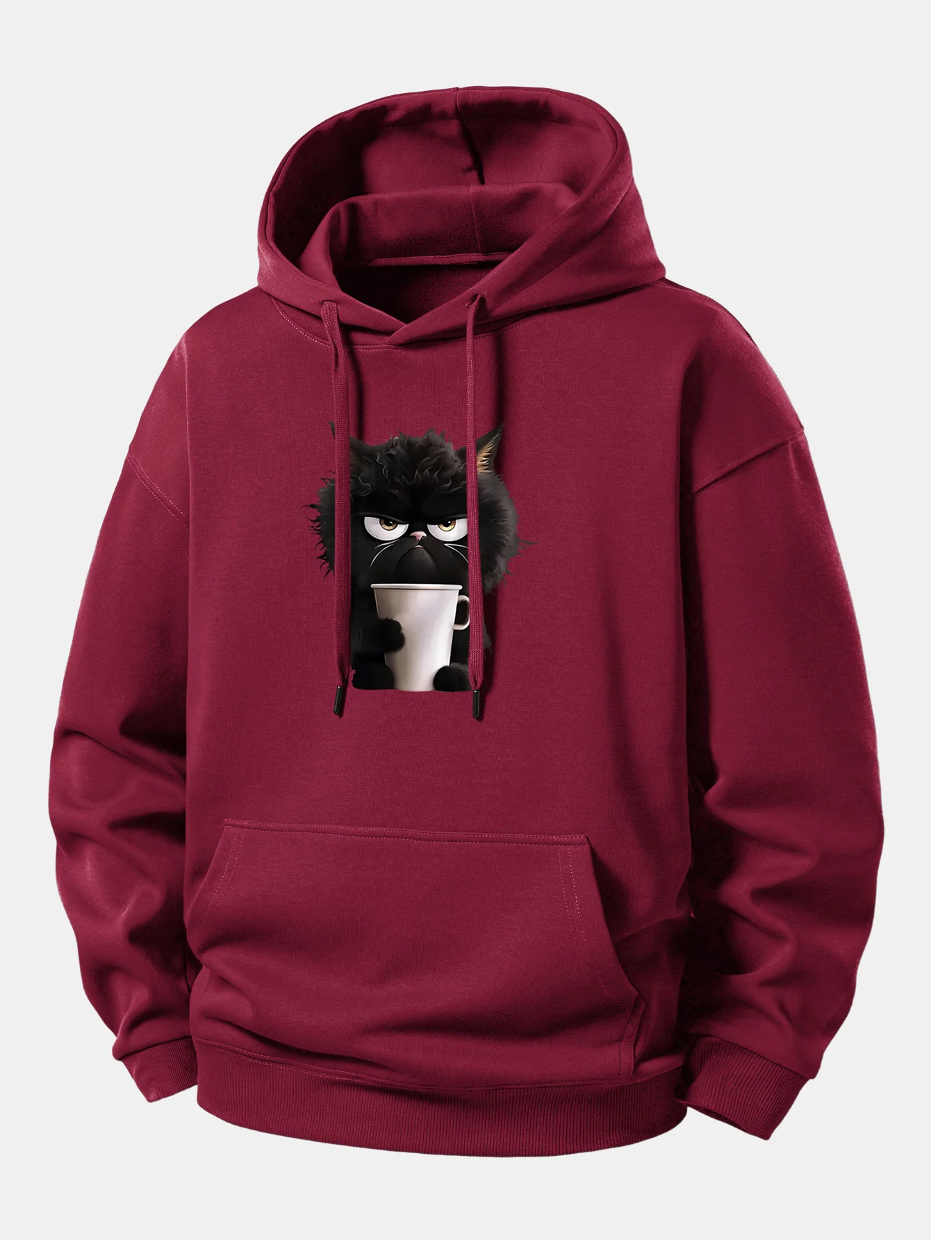 Black Cat Drinking Coffee Print Relax Fit Hoodie - Image 10