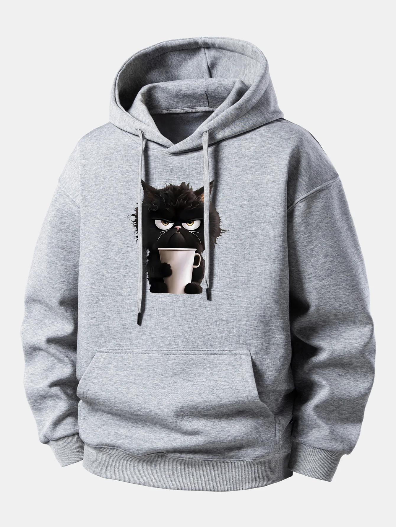 Black Cat Drinking Coffee Print Relax Fit Hoodie - Image 11