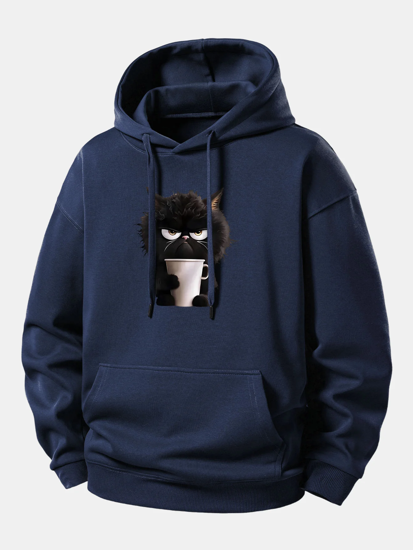 Black Cat Drinking Coffee Print Relax Fit Hoodie - Image 2