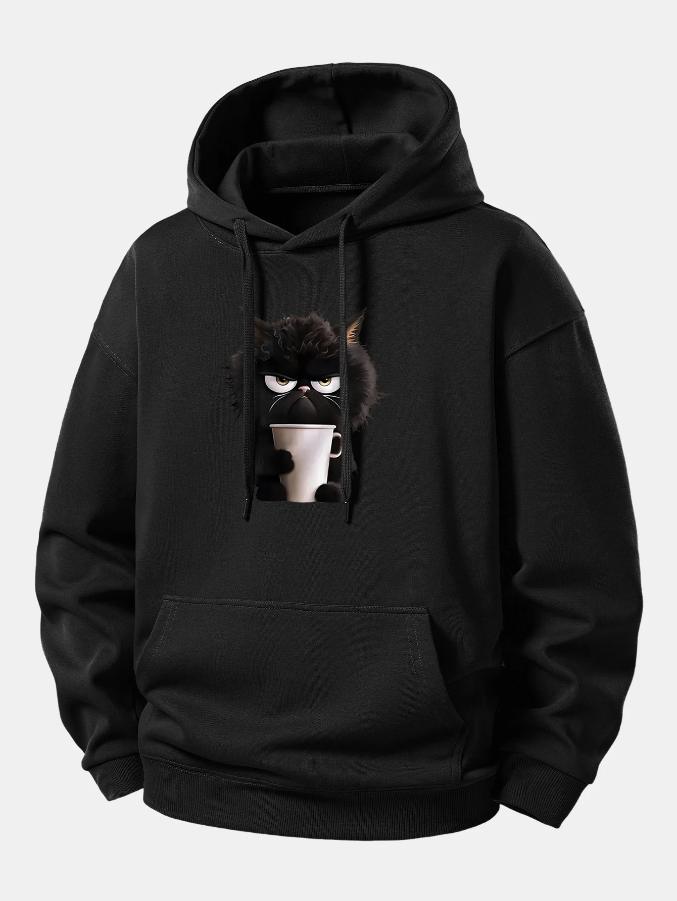 Black Cat Drinking Coffee Print Relax Fit Hoodie - Image 3