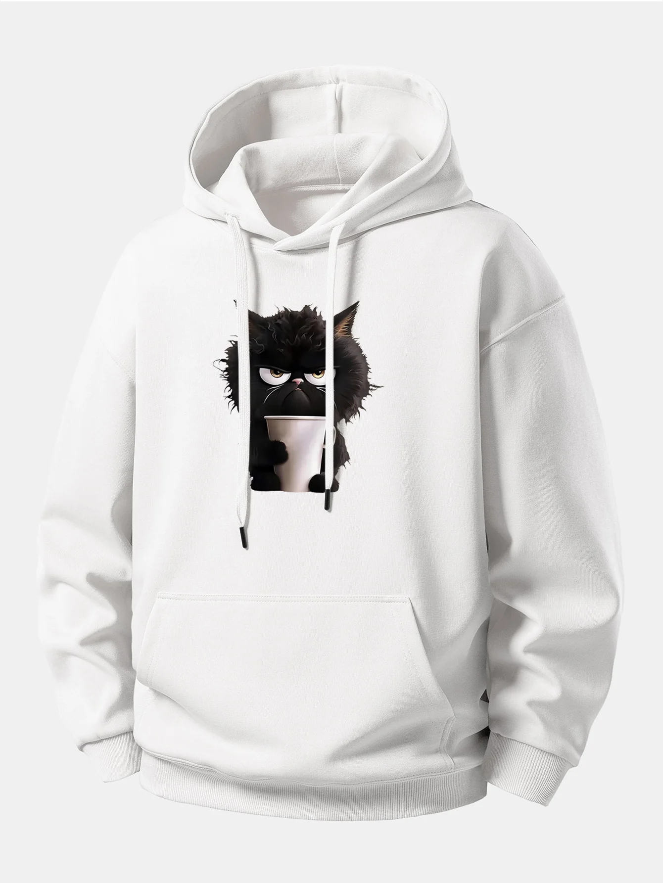 Black Cat Drinking Coffee Print Relax Fit Hoodie - Image 4