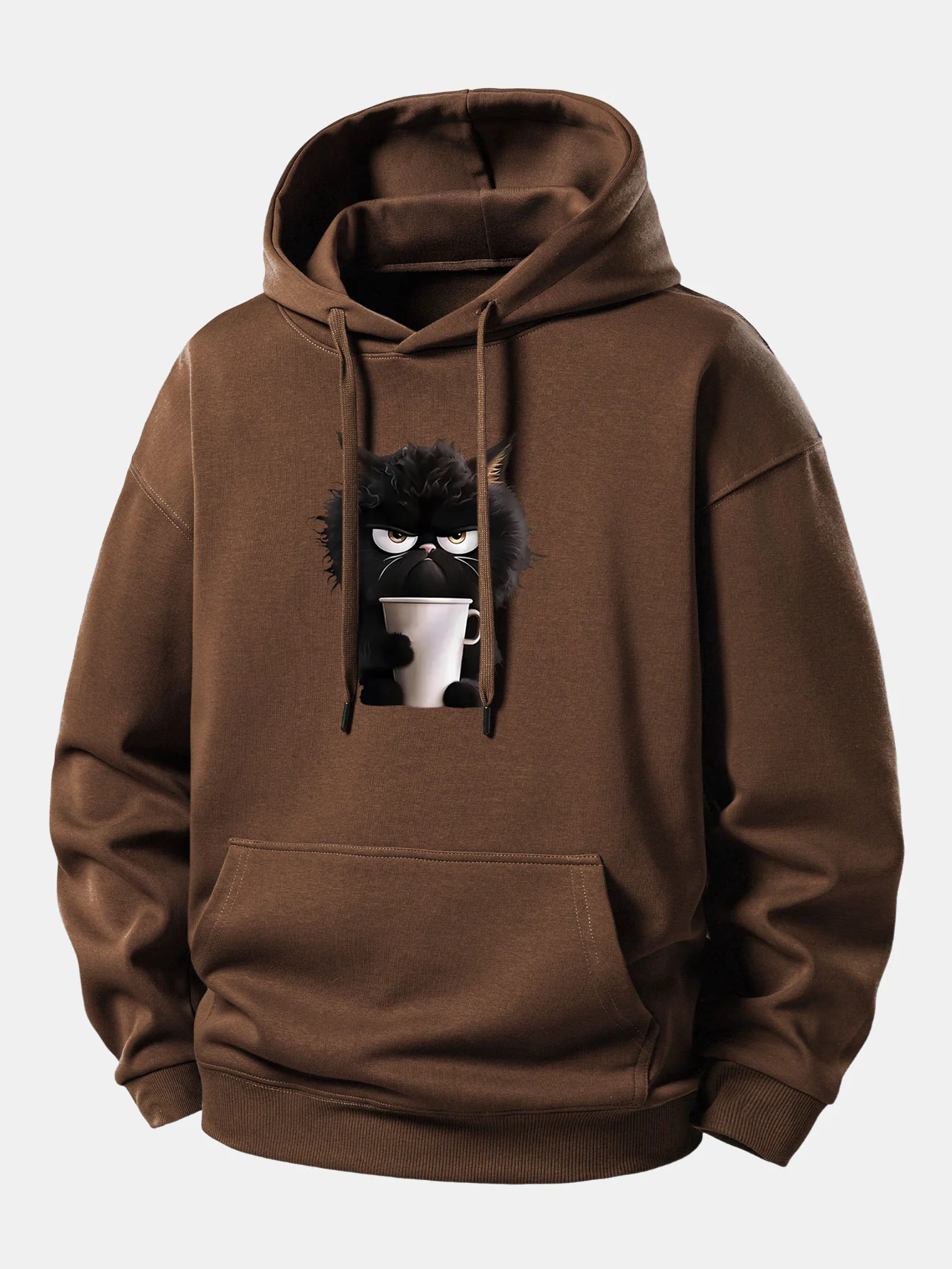 Black Cat Drinking Coffee Print Relax Fit Hoodie - Image 5