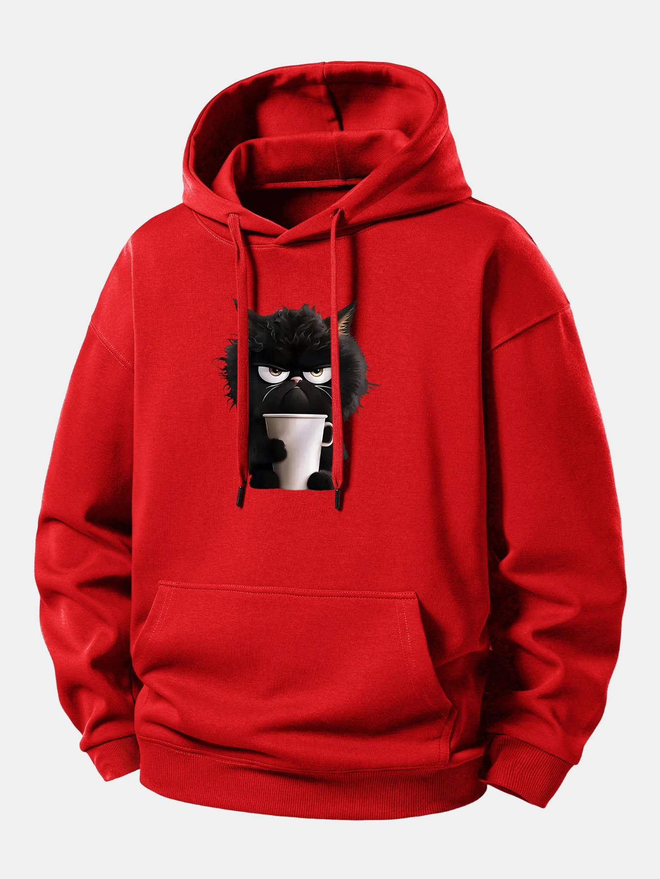 Black Cat Drinking Coffee Print Relax Fit Hoodie - Image 6
