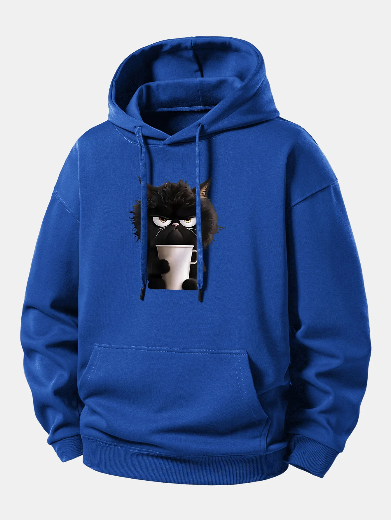 Black Cat Drinking Coffee Print Relax Fit Hoodie - Image 7