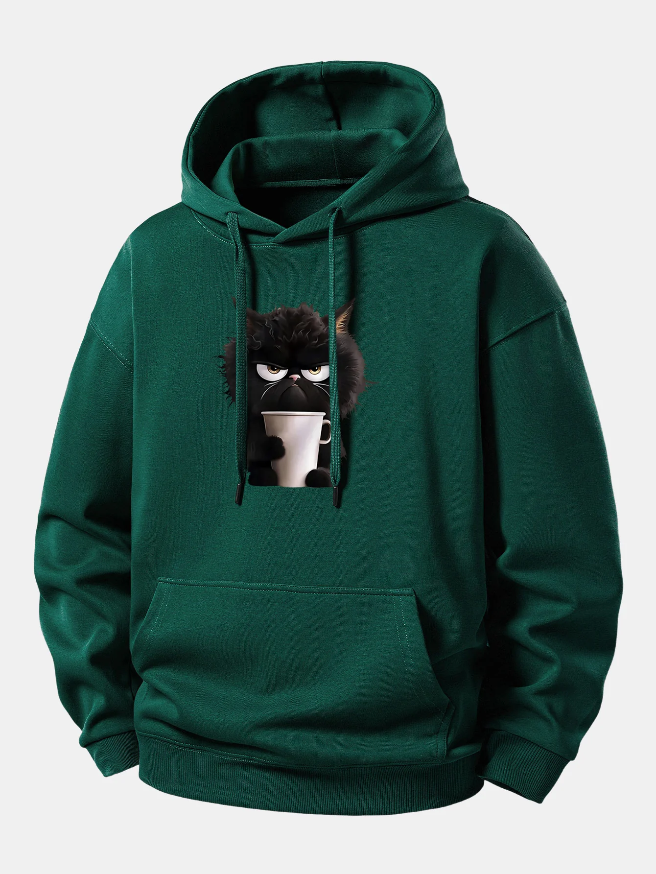 Black Cat Drinking Coffee Print Relax Fit Hoodie - Image 8